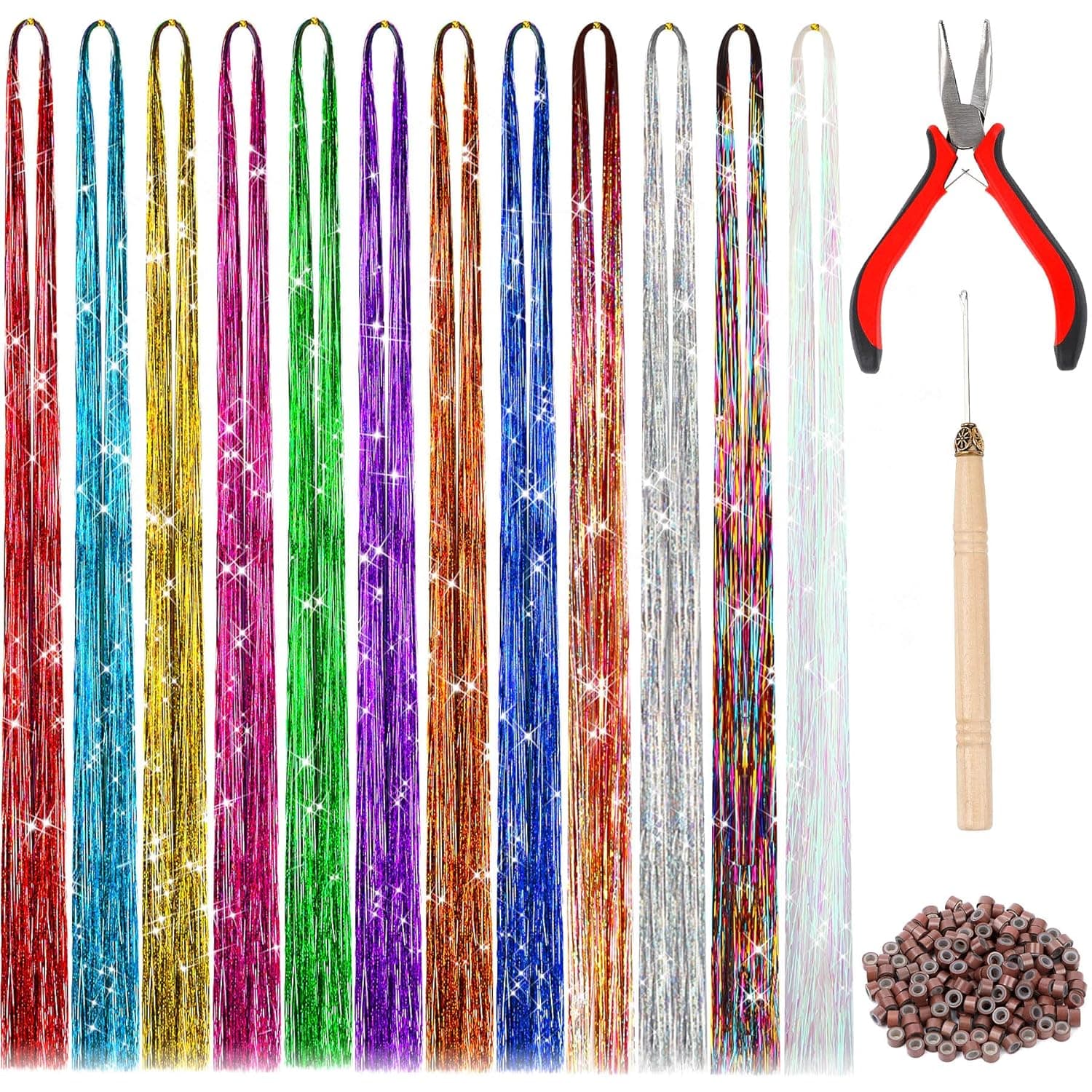 FEBSNOW 47 Inches Tinsel Hair Extension with Tool 2400 Strands 12 Mixed Colors Hair Extension Tinsel Kit Glitter Hair Extensions for Women Girls Hair Accessories for Christmas New Year Halloween Cosplay Party