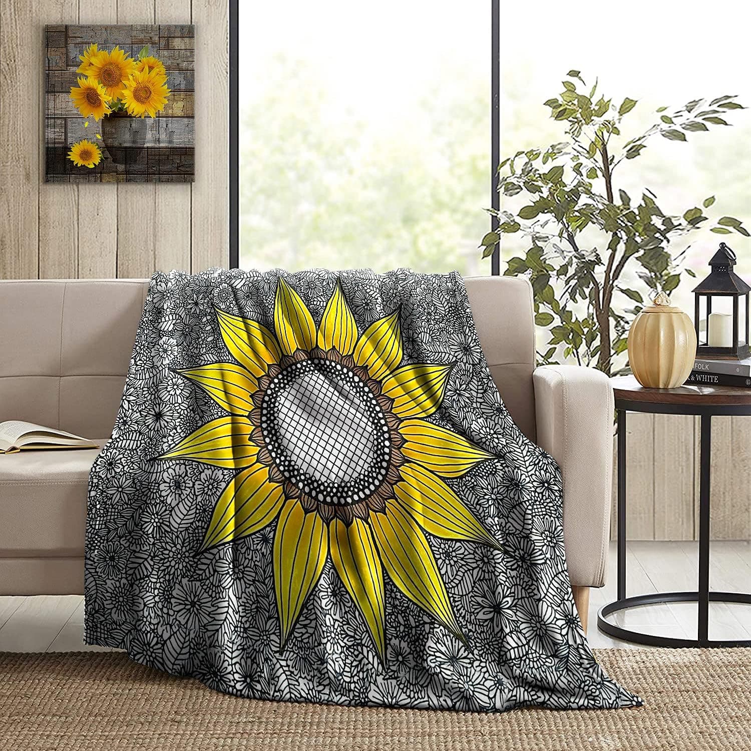 Sunflower Blanket, Oversized Sunflowers Gray Throw Blanket, Soft Cozy Fuzzy Warm Lightweight Blanket for Mom Daughter, Home Decor Floral Plush Blanket for Bedroom Living Rooms Sofa Couch 50×40inch