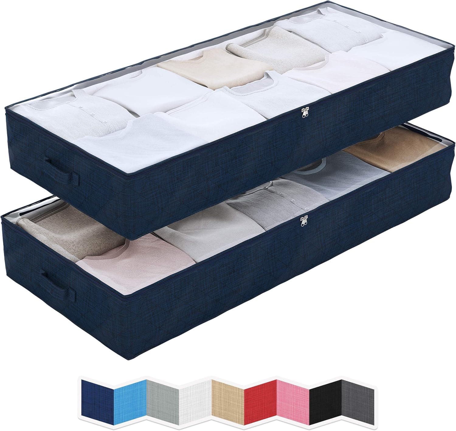 NEATERIZE Large Under Bed Storage Bags | 2-Pack Underbed Clothing Organizer | Ultra Thick Fabric, Reinforced Handles & Zipper | Stackable Organization and Storage Containers for Bedroom [Navy]