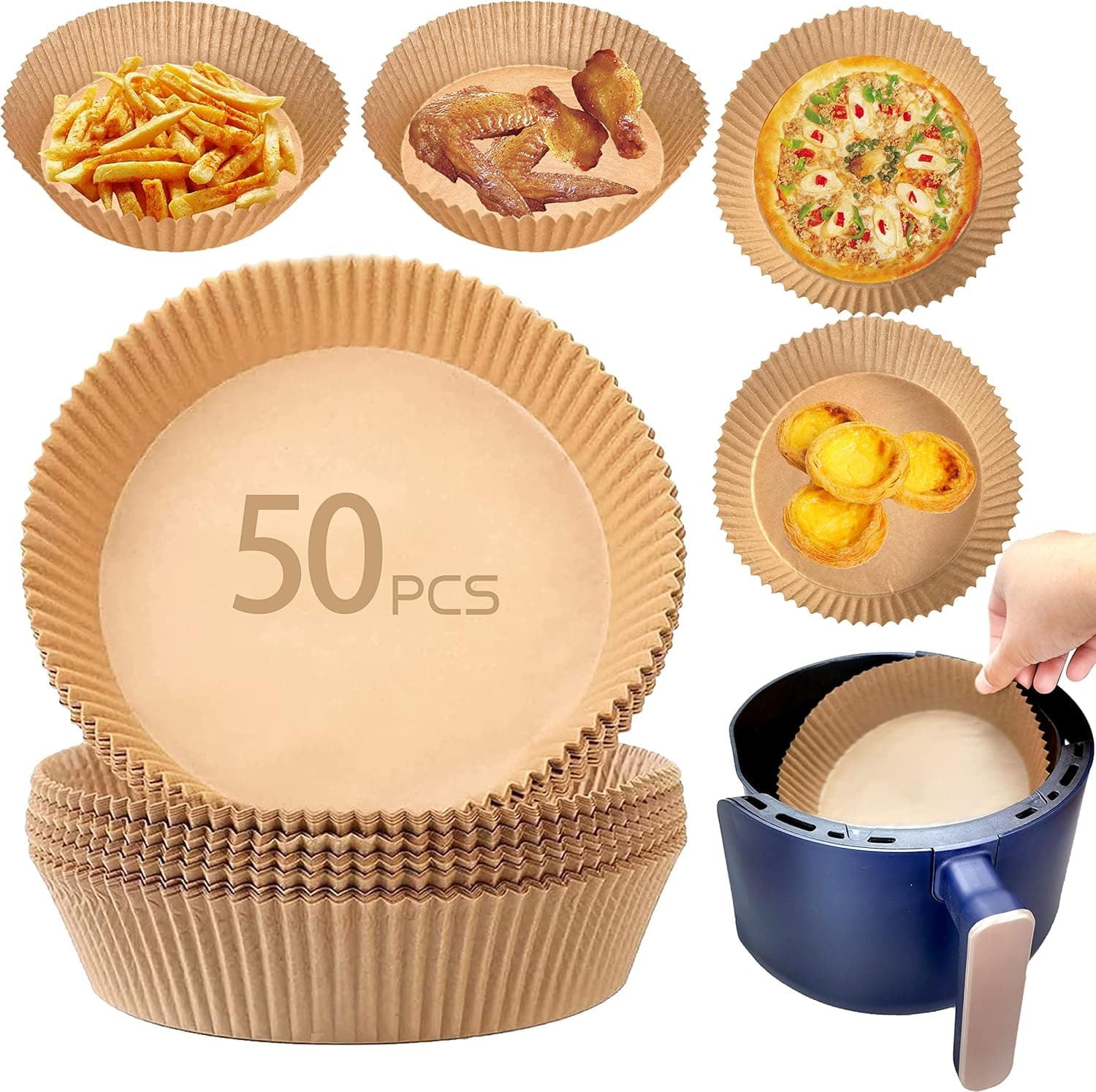 ANFELDE 50PCS 100PCS 300PCS Air Fryer Disposable Paper Liner, Dia-6.3inch Non-Stick Air Fryer Liners, Round Baking Paper Parchment Paper for Baking (50PCS), 6.3inch-50PACK