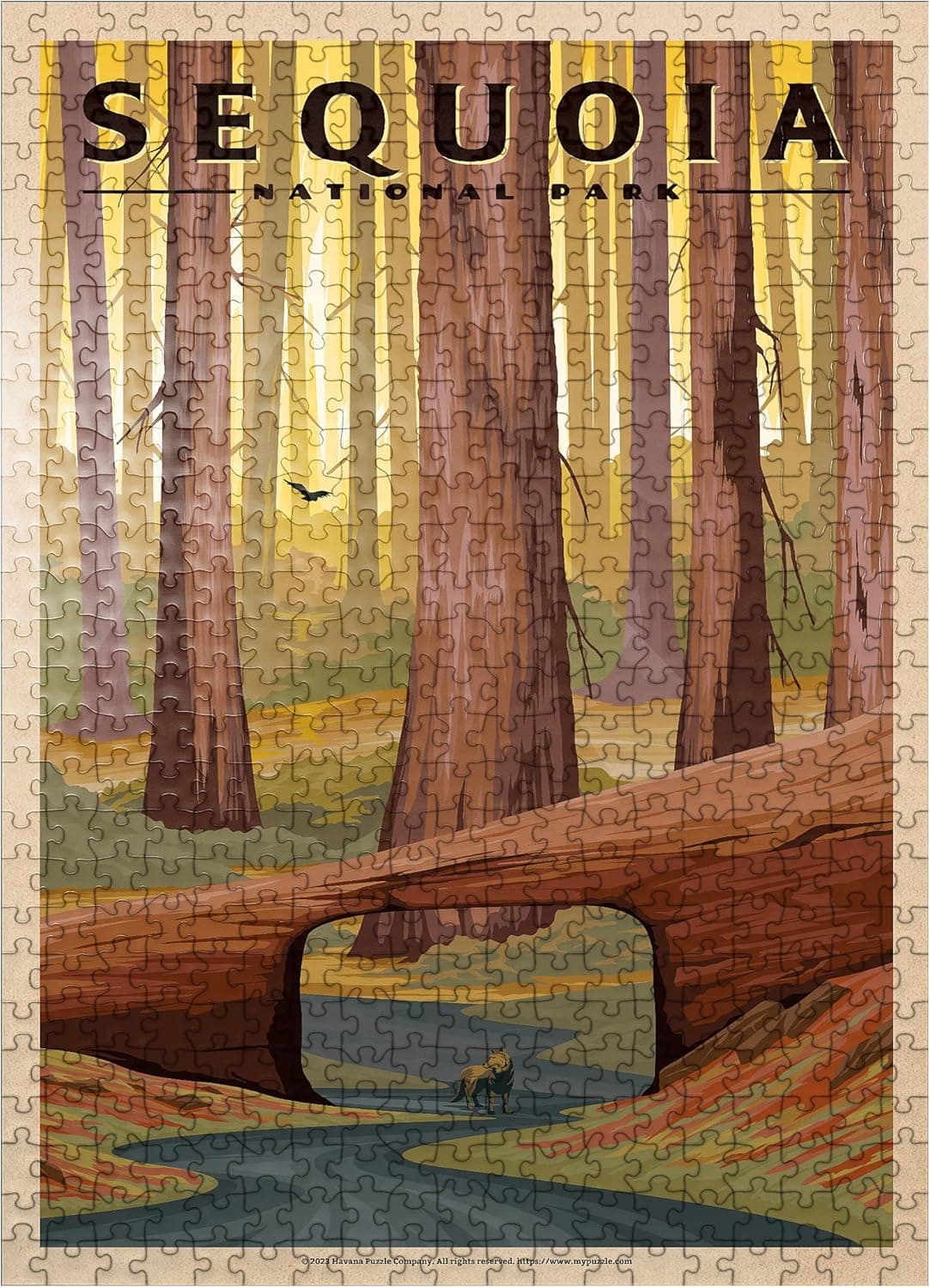 Sequoia National Park - Tunnel Log, Vintage Travel Poster - Premium 500 Piece Jigsaw Puzzle for Adults