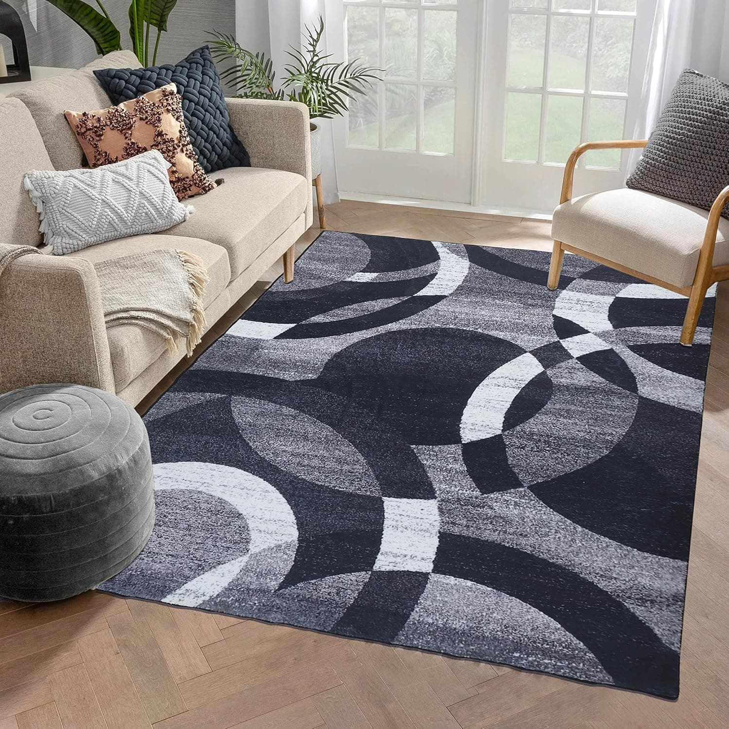 YUFANUHO Modern Black White Area Rugs for Living Room, 5x7 Large Faux Wool Carpet with Abstract Circles Line Design for Bedroom, Machine Washable Non-Slip Wool Rugs 5'x7', Black/White/Grey