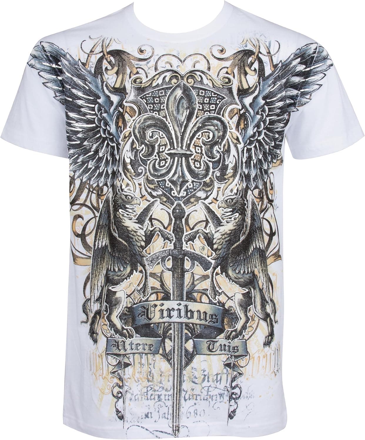 Sakkas Sword and Griffin Metallic Silver Embossed Cotton Mens Fashion T-Shirt