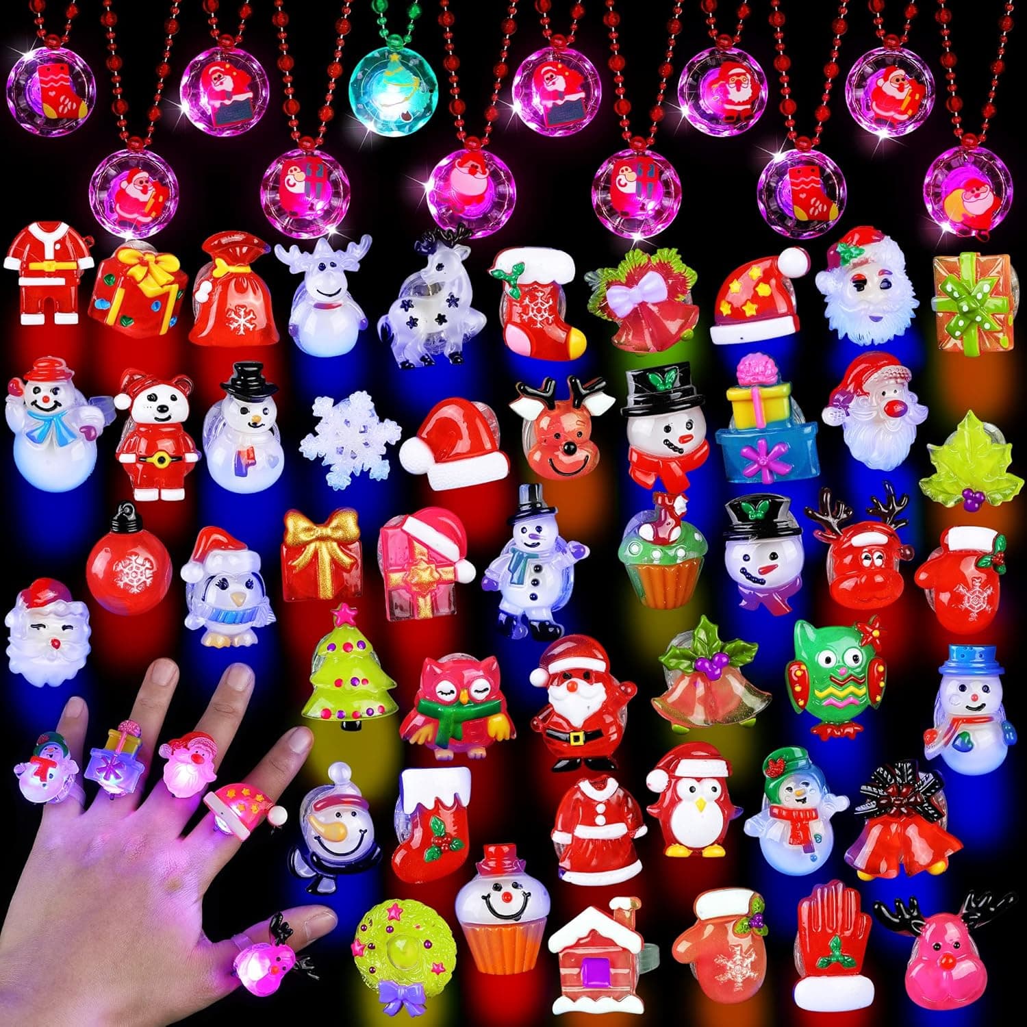 Fovths 60 Pieces Christmas Light Up Rings LED Flash Rings Glow in The Dark Christmas Toys Assorted Styles Christmas Necklaces for Christmas Stocking Stuffer and Christmas Party Favors