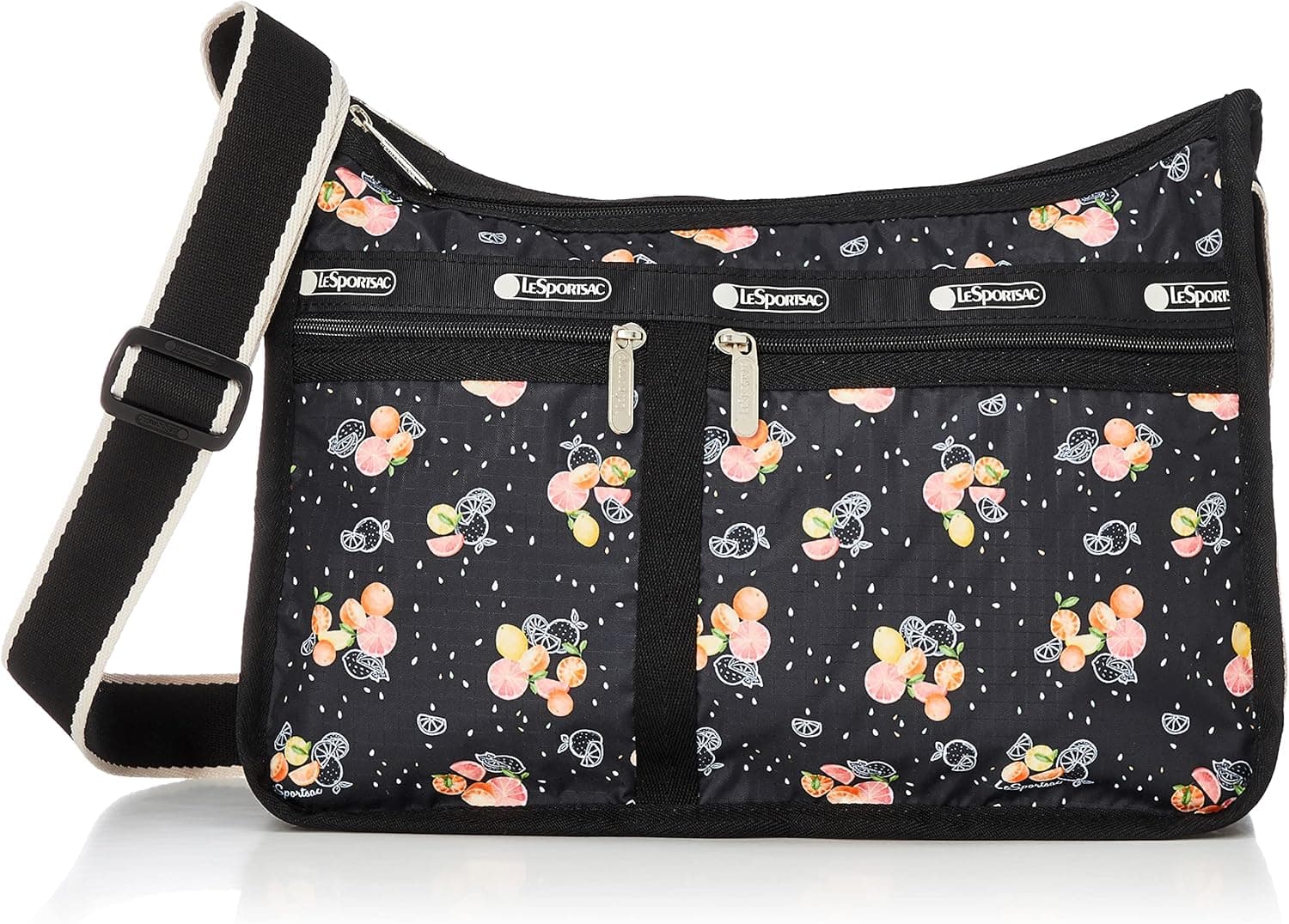 LeSportsac Citrus Breeze Deluxe Everyday Crossbody Bag + Cosmetic Bag, Style 7507/Color F963, Whimsical Oranges, Grapefruits & Lemons w Confetti Style Freshly Squeezed Juicy Droplets, 2 Tone Strap