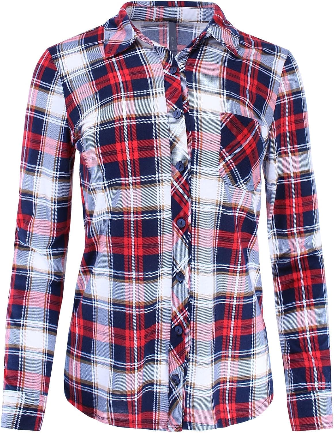 Ladies' Code Plaid Button Down Shirt Blouse Roll Up Sleeve, Lctl018 Navy Red Mocha, Large