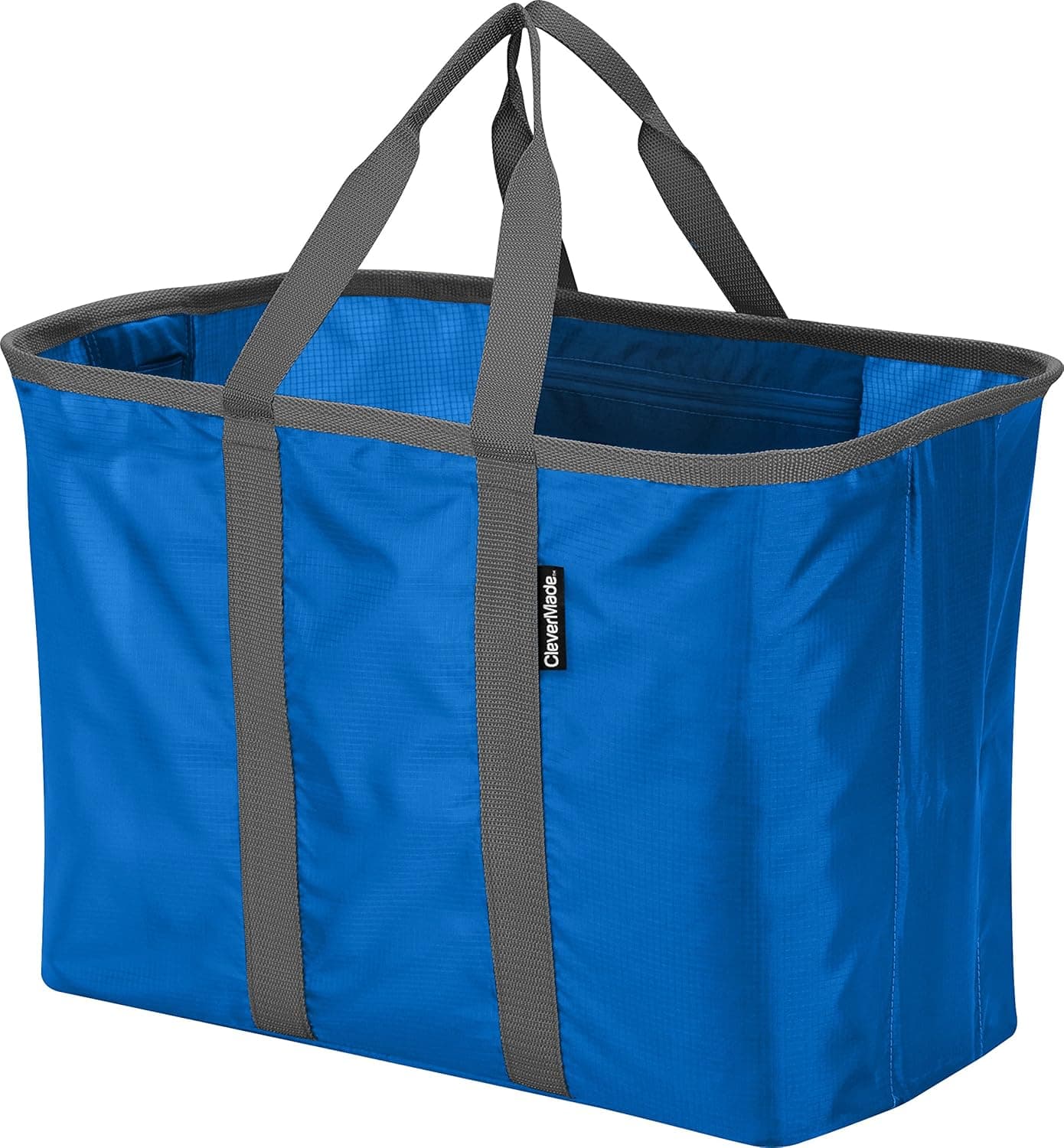 CleverMade SnapBasket XL 40 Liter Reusable Tote Bag with Reinforced Bottom: Collapsible Grocery Shopping Basket, Royal Blue/Grey
