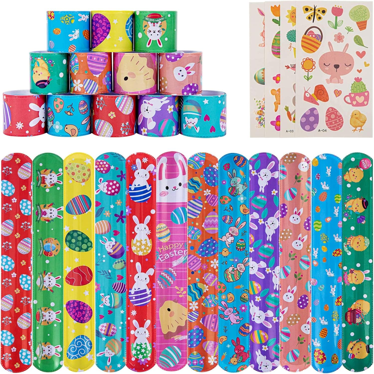 60 PCS Easter Slap Bracelets for Kids, Slap Bands,Snap Bracelets,Easter Party Favors for Kids/Adults Easter Basket Stuffers Egg Fillers Gifts with 4 Sheets Easter Sticker.