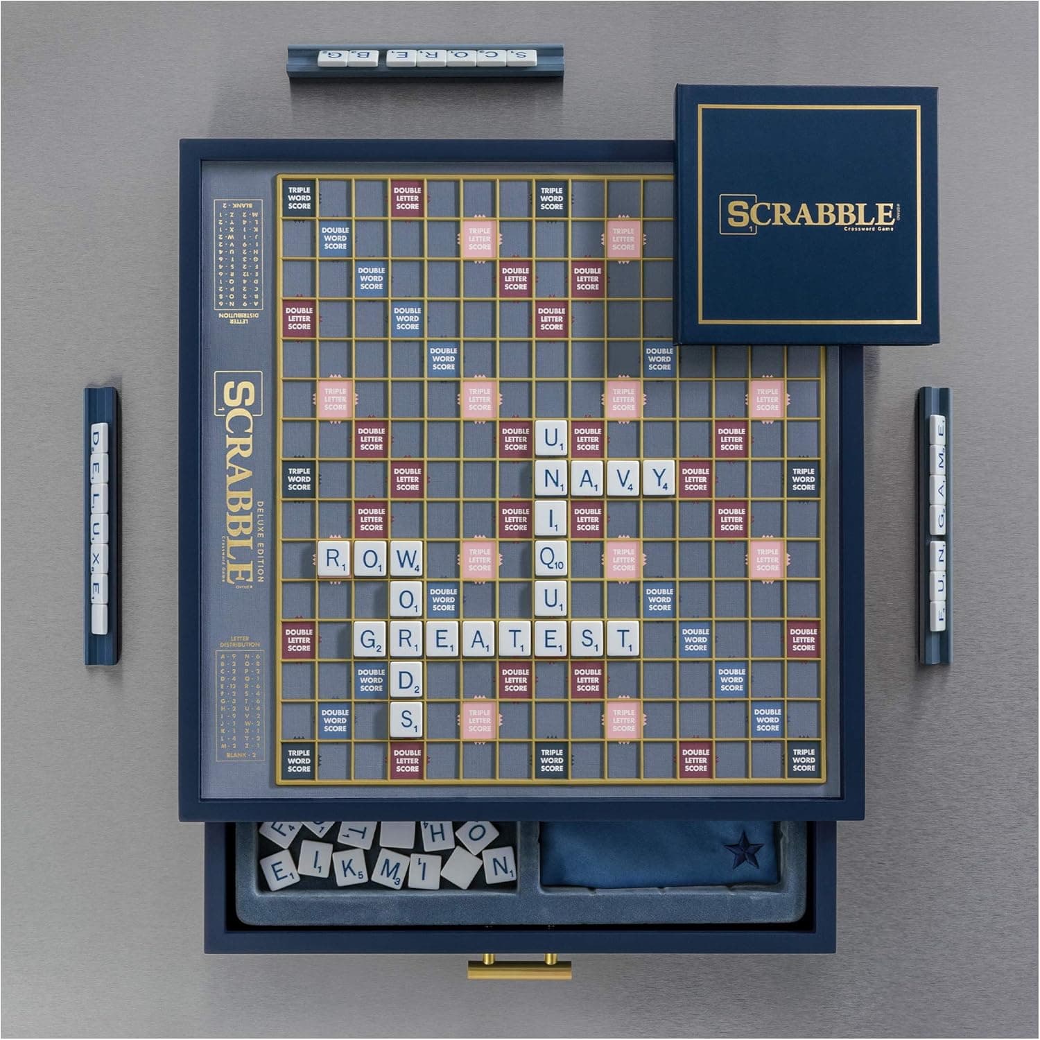 Scrabble Navy Luxe Edition with Rotating Wooden Game Cabinet