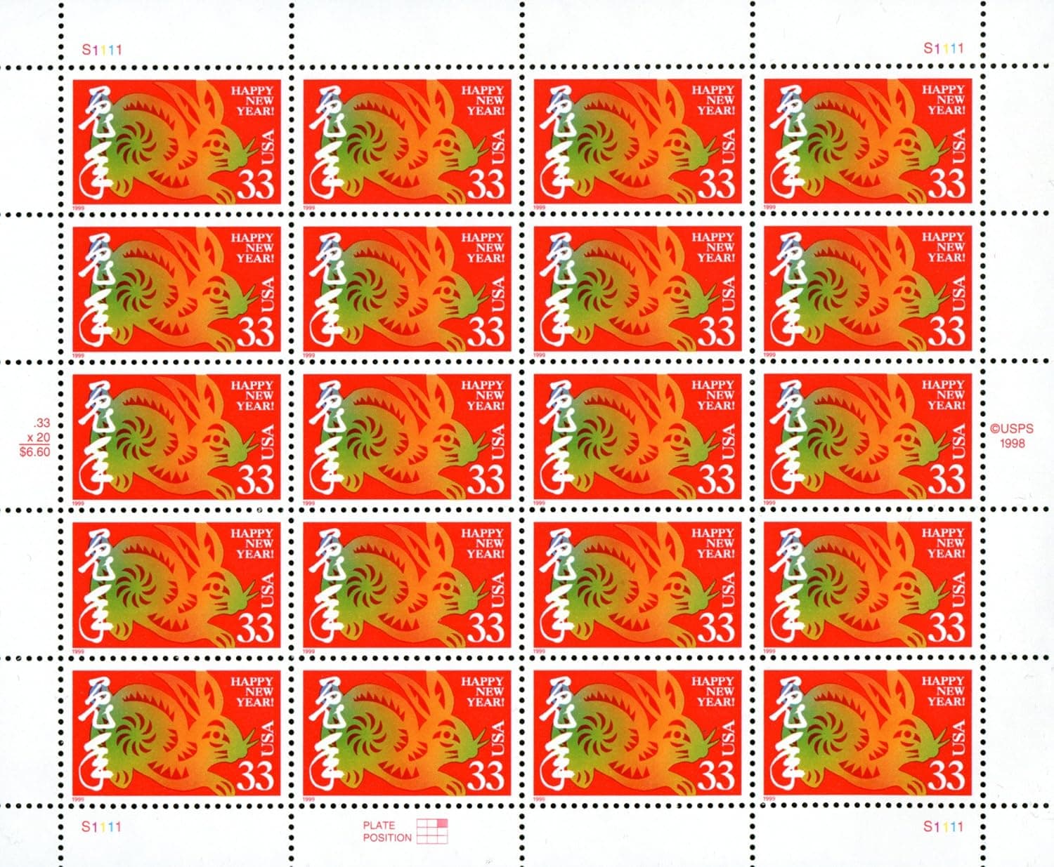 Year of the Rabbit: Lunar New Year, Full Sheet of 20 x 33-Cent Postage Stamps, USA 1999, Scott 3272