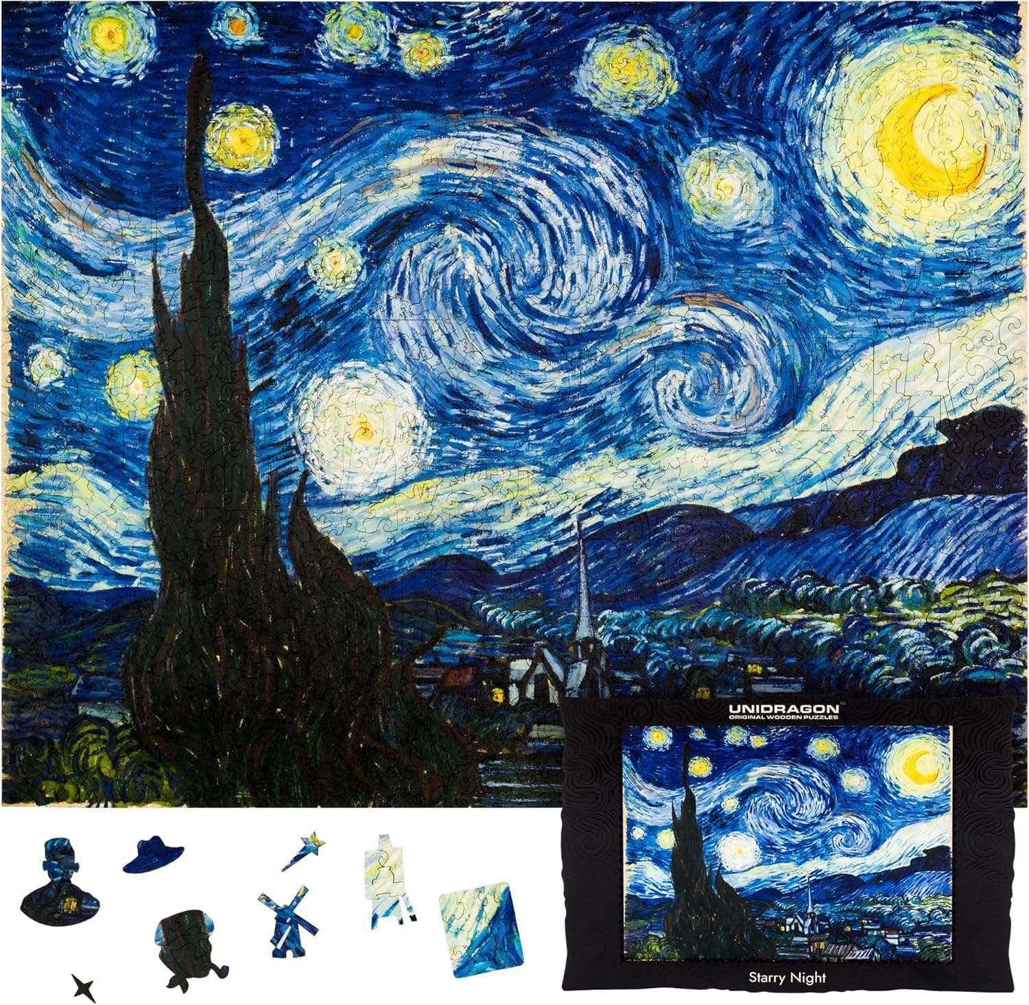 UNIDRAGON Wooden Jigsaw Puzzle Art Collection - Starry Night Van Gogh, 1000 pcs, 17.40" х22, Beautiful Gift Package, Unique Shape Best Gift for Adults and Kids