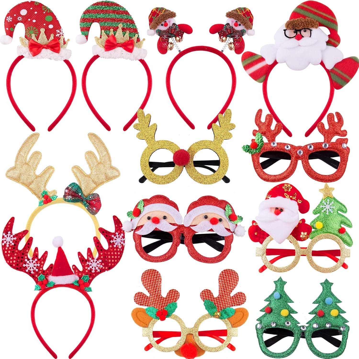 SIQUK 12 Pieces Christmas Headbands Christmas Glasses Frame Funny Reindeer Costume Headband Christmas Tree Eyelasses Party Favors for Christmas