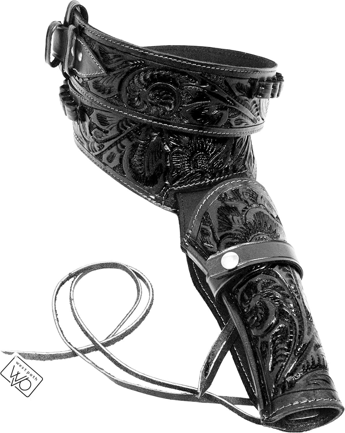 22 Caliber Western Leather Gun Holster & Belt - Cowboy Style Single Drop Rig Standard Barrel - Authentic Handmade Hand Tooled .22 Cal