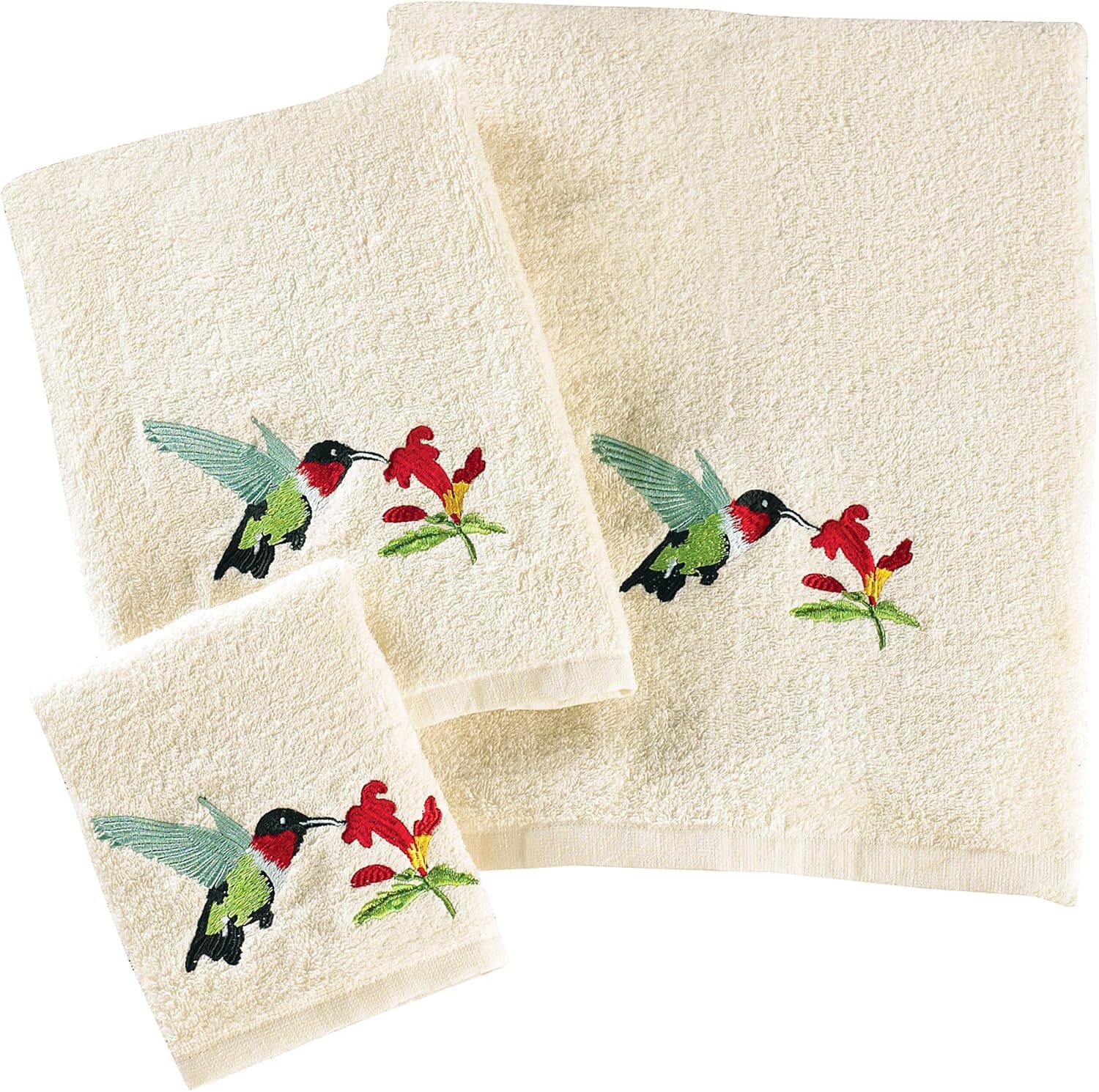Embroidered Towels Set of 3 - Hummingbird Embroidery Design, Bath Towel, Hand Towel & Washcloth Included
