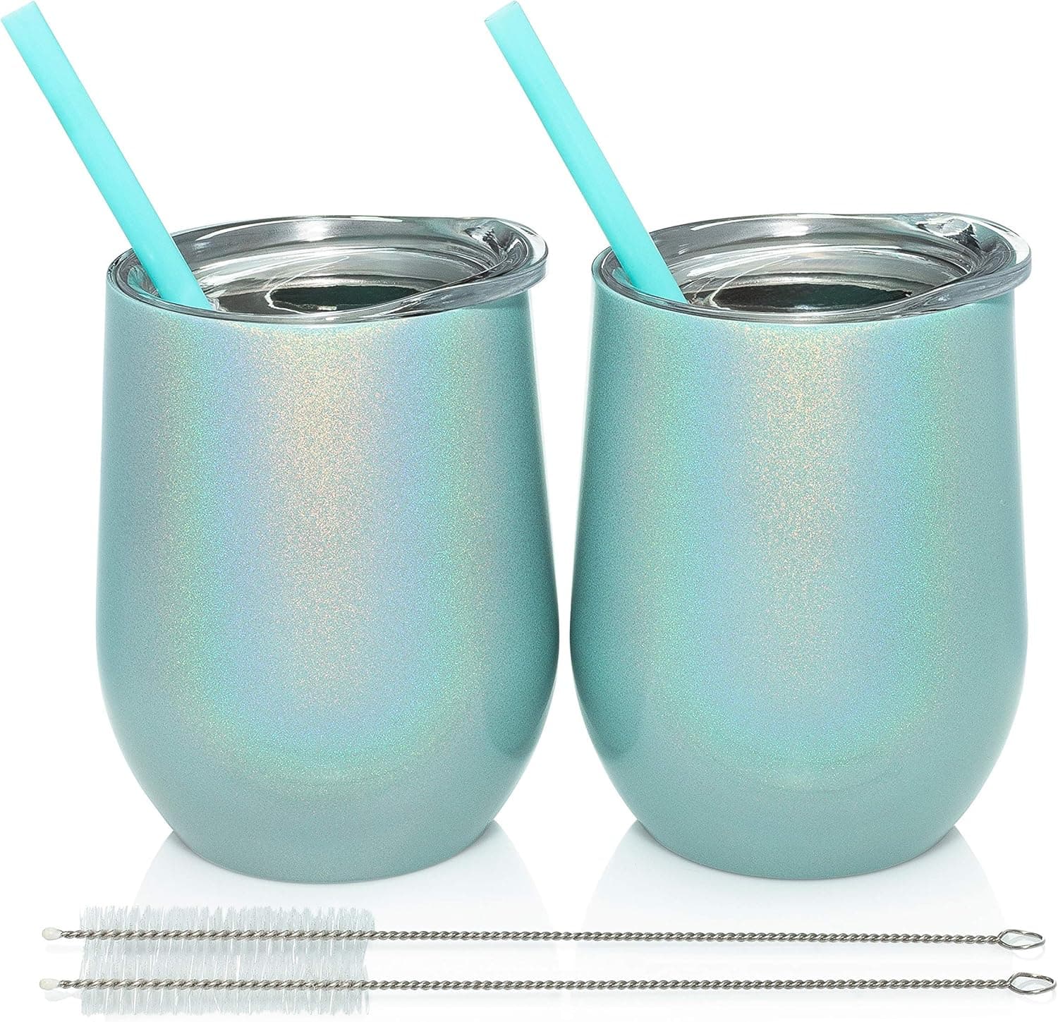 Trugos 12 oz Sparkly Stemless Wine Tumbler (Set of 2) Stainless Steel Double Wall Vacuum Insulated Cups With BPA Free Lid, Straw, and Cleaning Brush Great Travel Glasses For Wine, Coffee, Cocktails