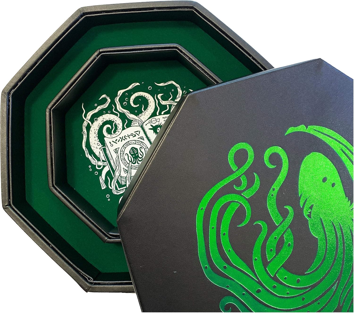 Fantasydice-Cthulhu Elder Tome -Green- Dice Tray - 8" Octagon with Lid and Dice Staging Area- Holds 5 Sets(7 Dice Set/Standard) for All Tabletop RPGs Like D&D, Call of Cthulhu, Shadowrun.