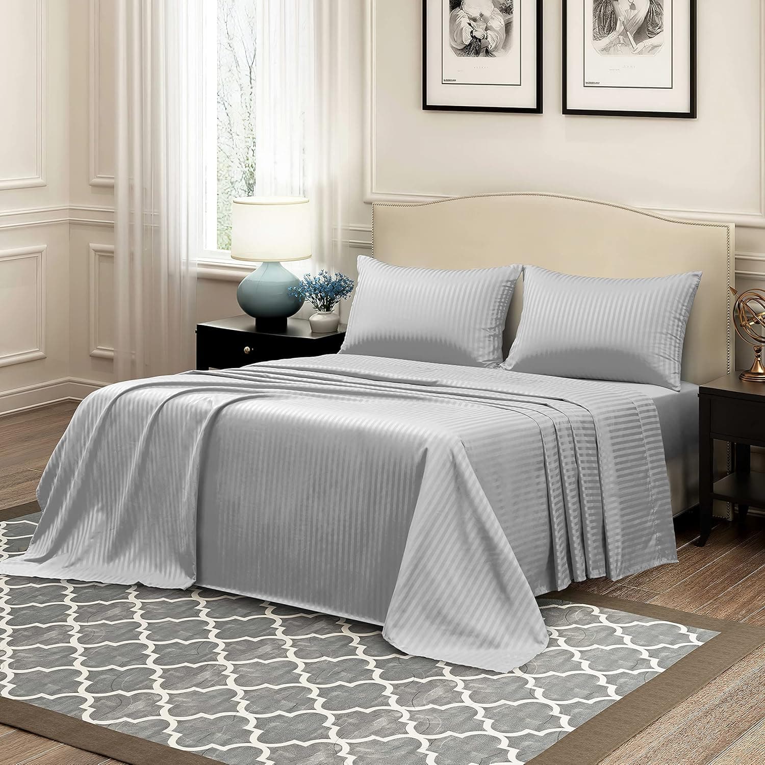 Saintrra Satin Striped Bed Sheets Twin Size,3 Pcs Luxury Damask Stripes Sheet Set for Kids (1 Flat Sheet, 1 Microfiber Deep Pocket Fitted Sheet, 1 Envelope Pillowcase), Silver Gray Stripe