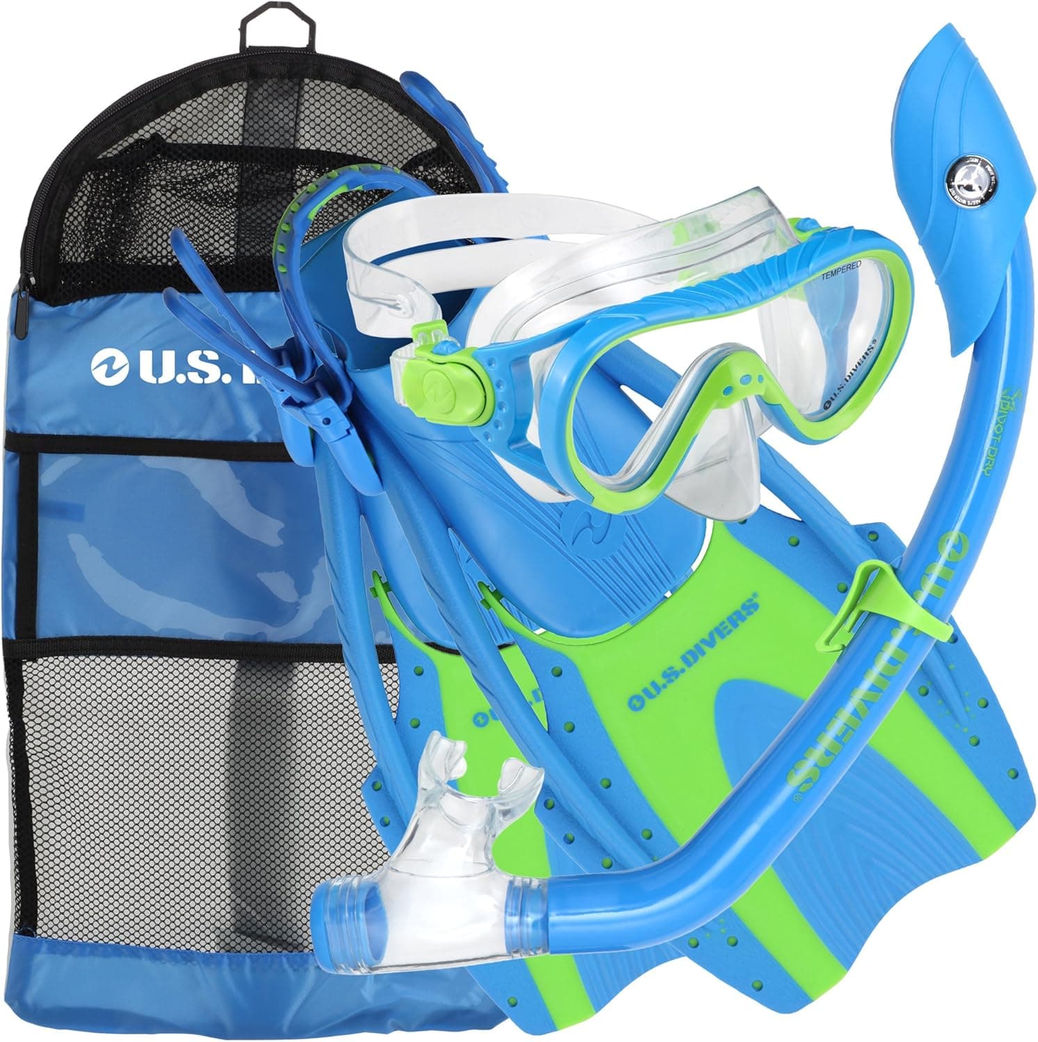 U.S. Divers Youth Coral LX Mask with Island Dry Junior Snorkel, Hingeflex Junior Fins and Travel Bag, Fun Blue, SMALL/MEDIUM
