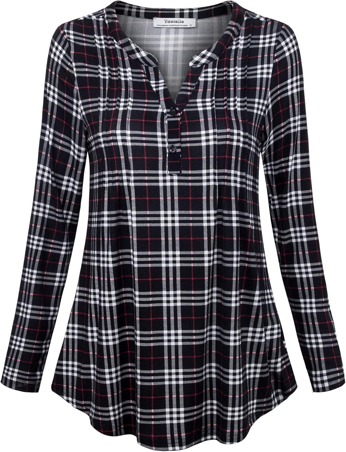 Youtalia Button Down Blouses for Women, Ruched Front Lattice Graphics Street Out Wear Tops Lightweight Casual Black Red M