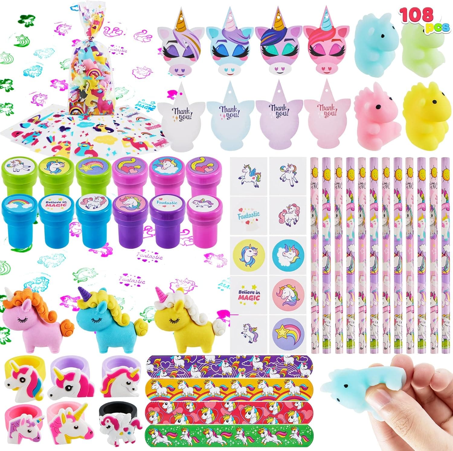 JOYIN Unicorn Theme Toy, 12 Pack Goody Bags with 108 Pcs Unicorn Gift Tags, Include Unicorn Mochi, Slap Bracelet, Ring, Sticker, Eraser Exchange Game Prizes
