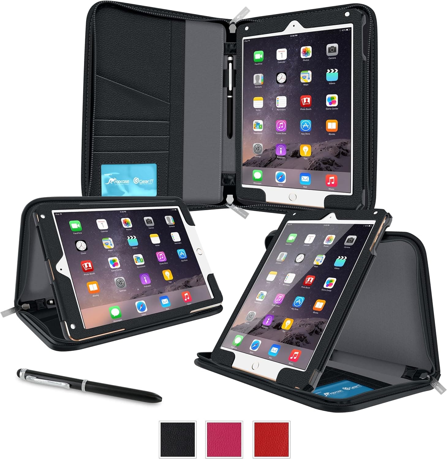 iPad Air 2 Case, Apple iPad Air 2 Cover, rooCASE Executive Portfolio Genuine Leather Stand Folio with Card Slots (Smart Cover Auto Sleep/Wake) Black (will NOT fit New iPad 2017)