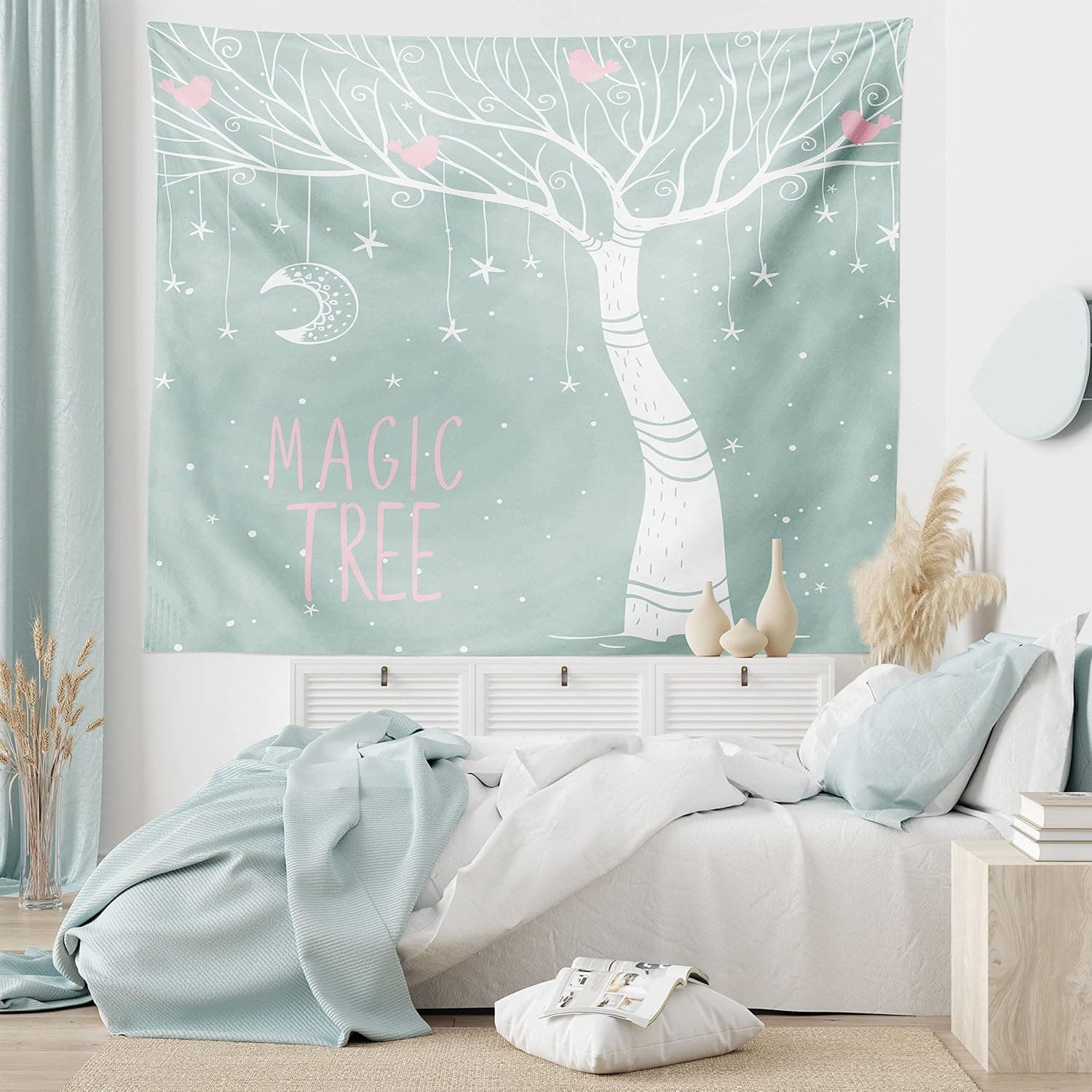 Ambesonne Magic Tapestry, Magic Plant with Stars and Moon Hanging on Branches Simplistic Illustration, Wall Hanging for Bedroom Living Room Dorm Decor, 60" X 80", Almond Green White