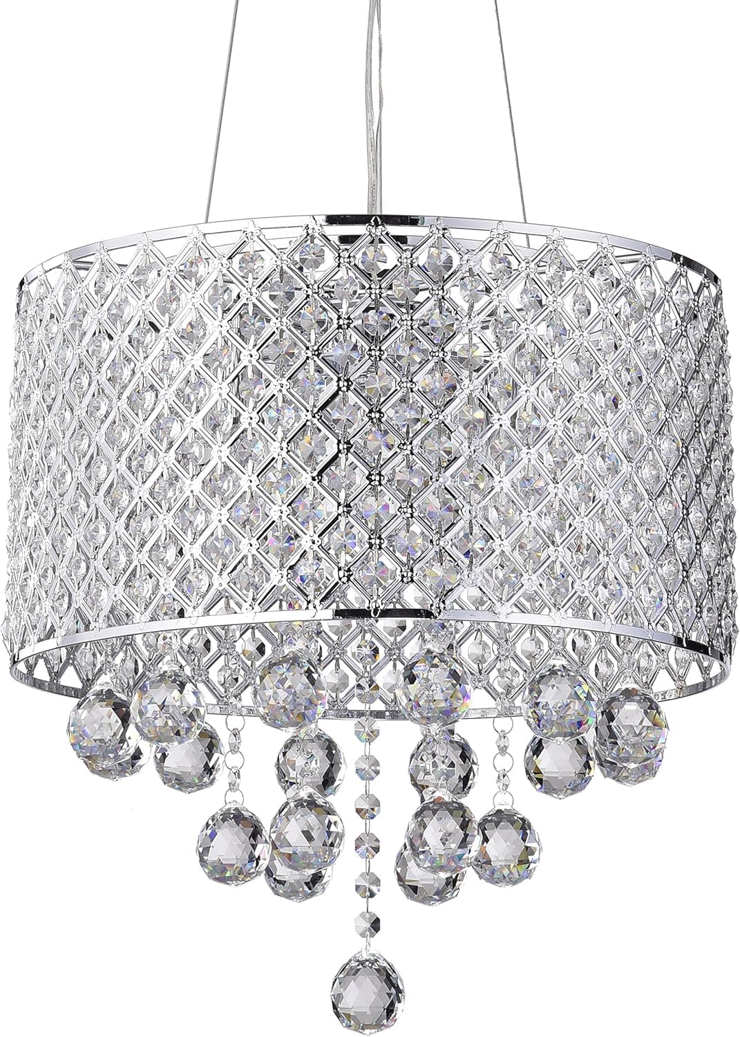 Edvivi Drum Shade Crystal Chandelier, 4 Lights Glam Lighting Fixture with Chrome Finish, Round Hanging Crystals, Entryway, Living, Dining, Bedroom