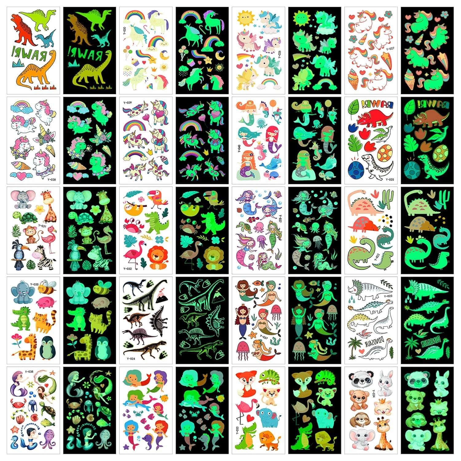 Zayvor Temporary Tattoos for Kids, 180pcs Glow In The Dark Tattoos,Assorted Cartoon Luminous Unicorn Mermaid Animal Dinosar Elephant Flamingo Cat Fake Tattoo, Boys Girls Party Favor Supplies