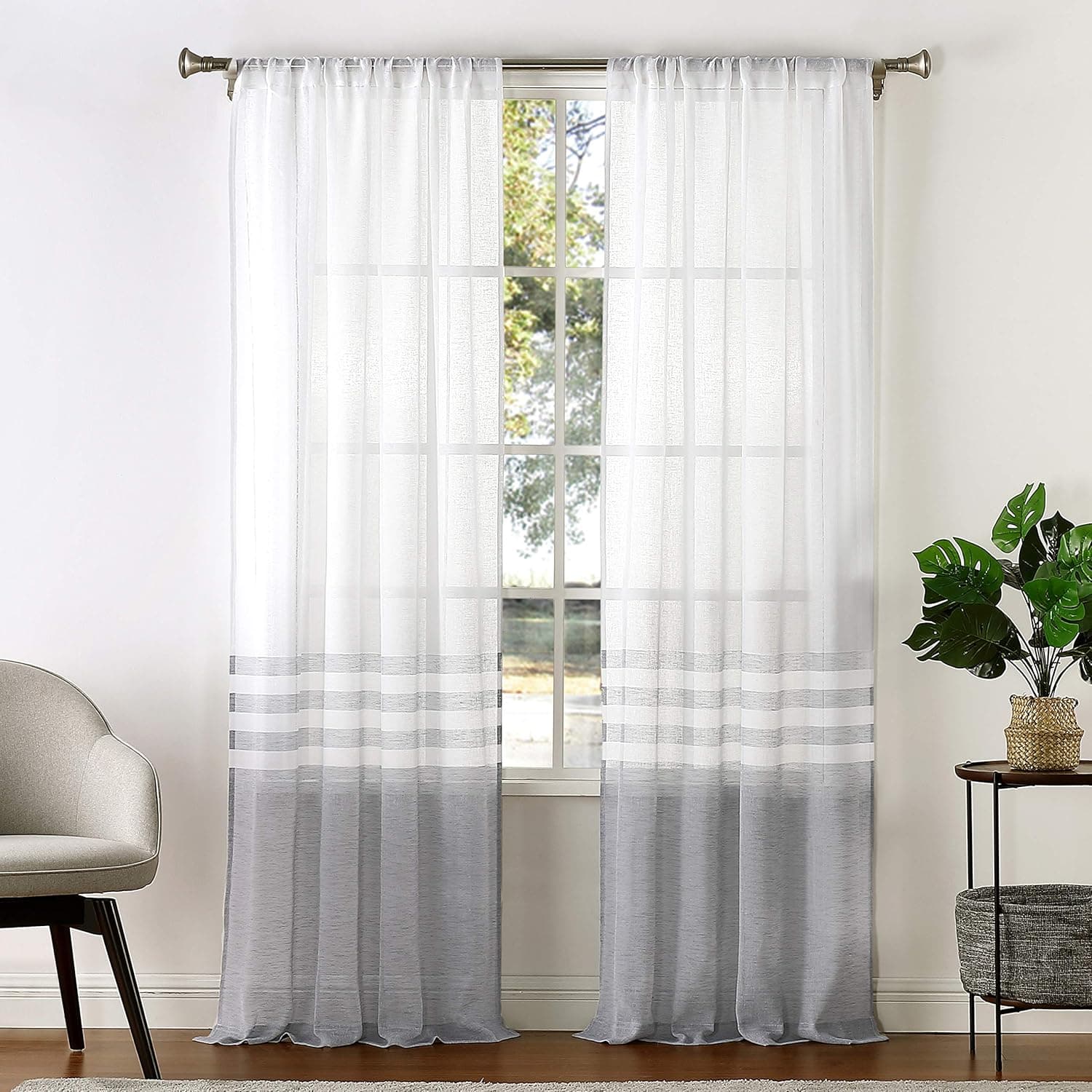 WEST LAKE Gray White Sheer Curtains 84 Inches Color Block Stripe Panels for Bedroom Living Room Rod Pocket Window Treatment Farmhouse Linen Look Semi Sheer Drapes 40”x84”2