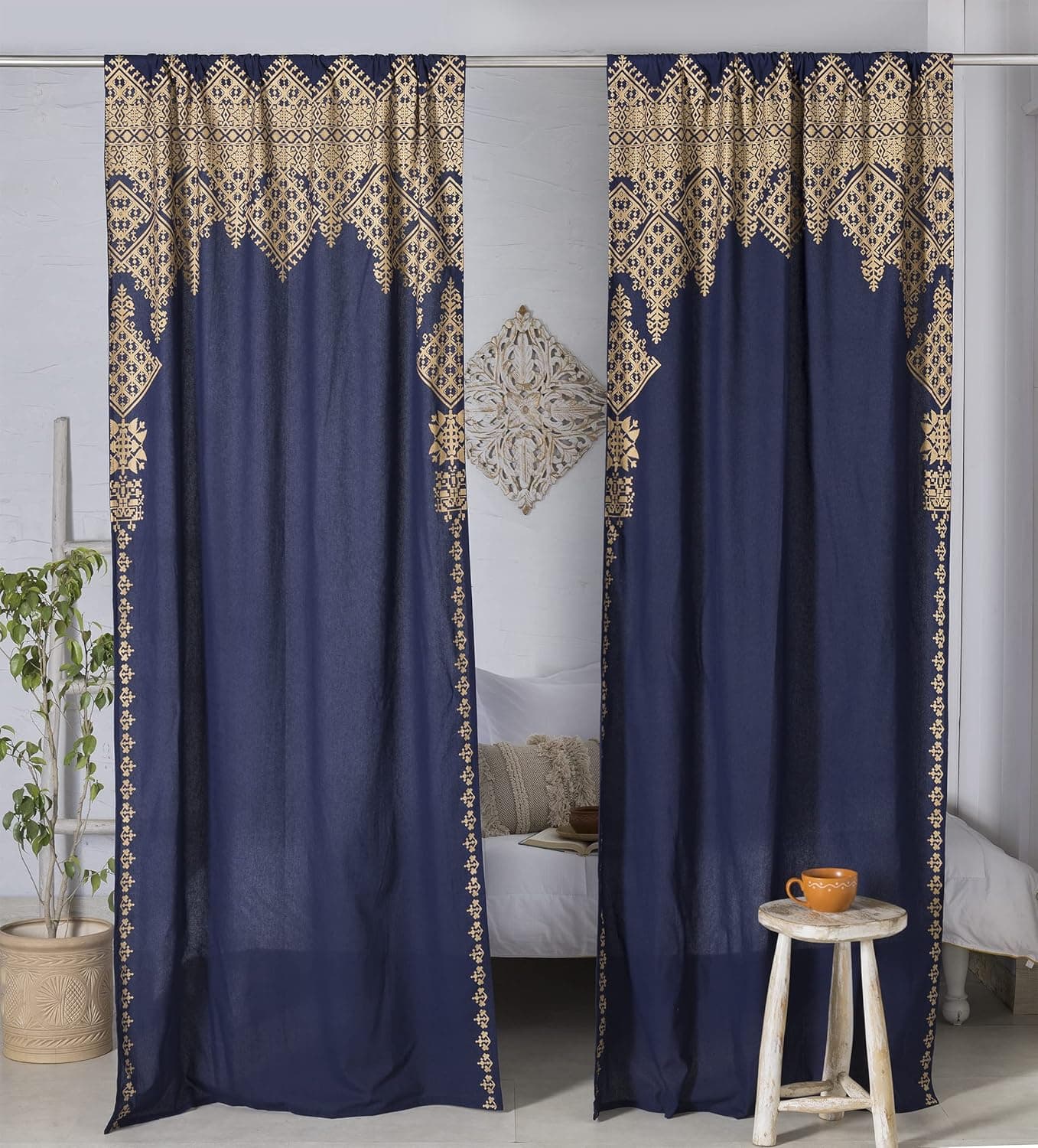 Madhu International Moroccan Curtains - Set of 2 Window Curtain Panels - 100% Cotton Curtain - Tapestry Curtain with Rod Pocket Mandala Curtains for Bedroom & Living Room (Size- 41"W , 87"L) Blue Gold