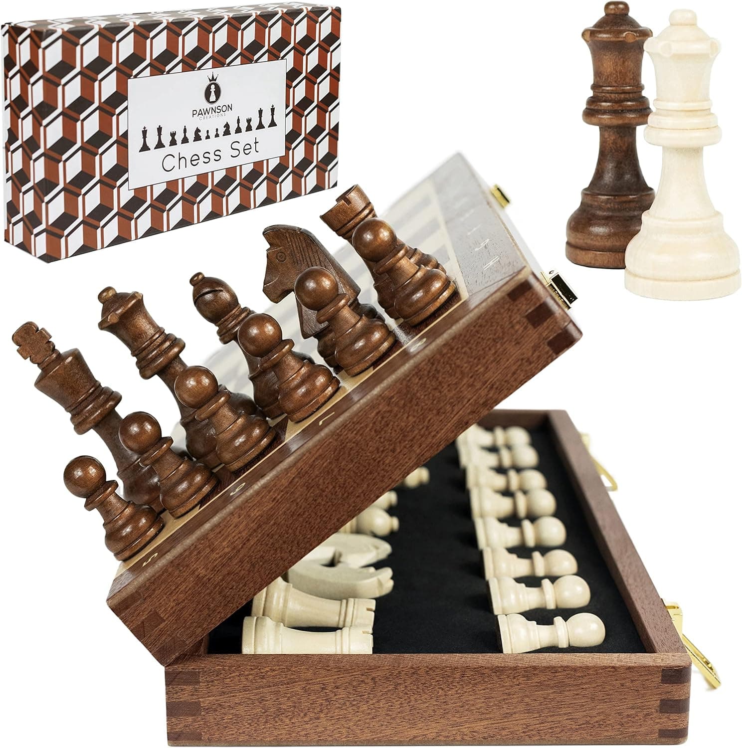 Magnetic Wooden Chess Set for Kids and Adults – 15 inch Staunton Chess Set - Large Folding Chess Board Game Sets - Storage for Pieces | Wood Pawns - Unique E-Book for Beginner - 2 Extra Queens