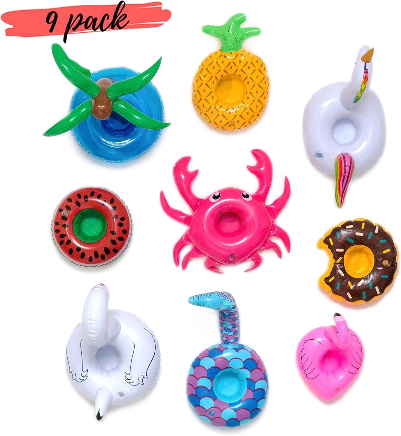 Inflatable Drink Holders- Pack Of 9 Floating Cup Coasters For Swimming Pool Parties, Beach, Bathtub- Floating Flamingo, Pineapple, Crab, Unicorn, Donut, Mermaid Tail, Palm Tree, Swan, Watermelon