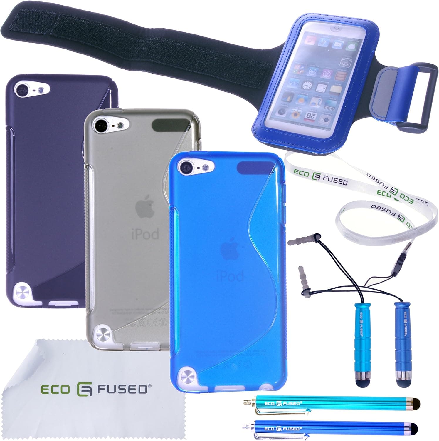 iPod Touch 5 Fitness Accessory Bundle / 3 TPU Cases for iPod Touch 5th Generation / 1 Sports Armband / 4 Stylus Pens / 2 Screen Protectors / 1 Lanyard / 1 ECO-FUSED Microfiber Cleaning Cloth - (Black, Grey, Blue)