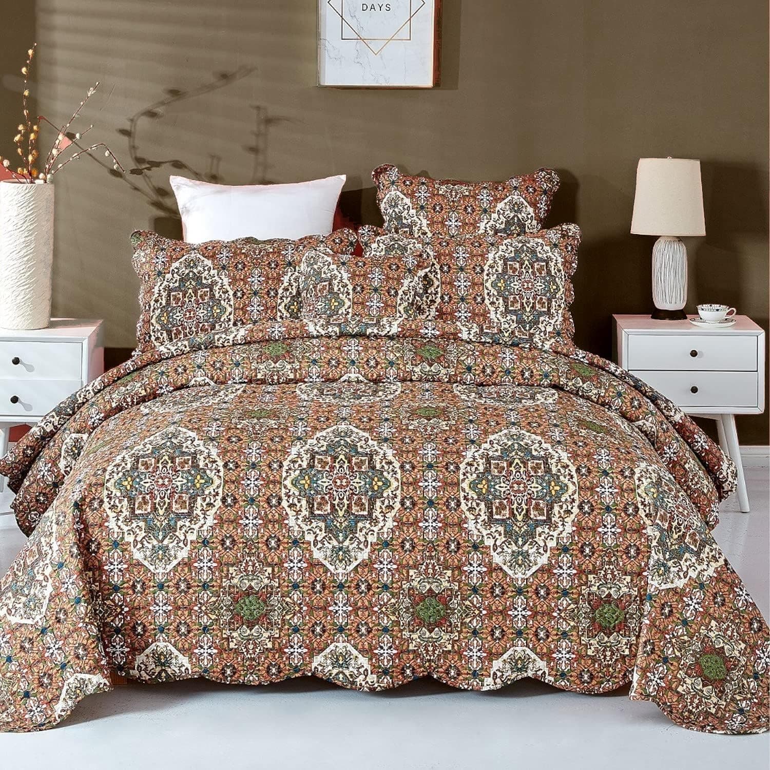 DaDa Bedding Earthy Cross Motif Folk Bedspread - Cozy Arabian Moroccan Ogee Rustic Antique Style Quilted Coverlet Set - Scalloped Edges Warm Tones Burnt Orange Brown Olive Green - Cal King - 3-Pieces