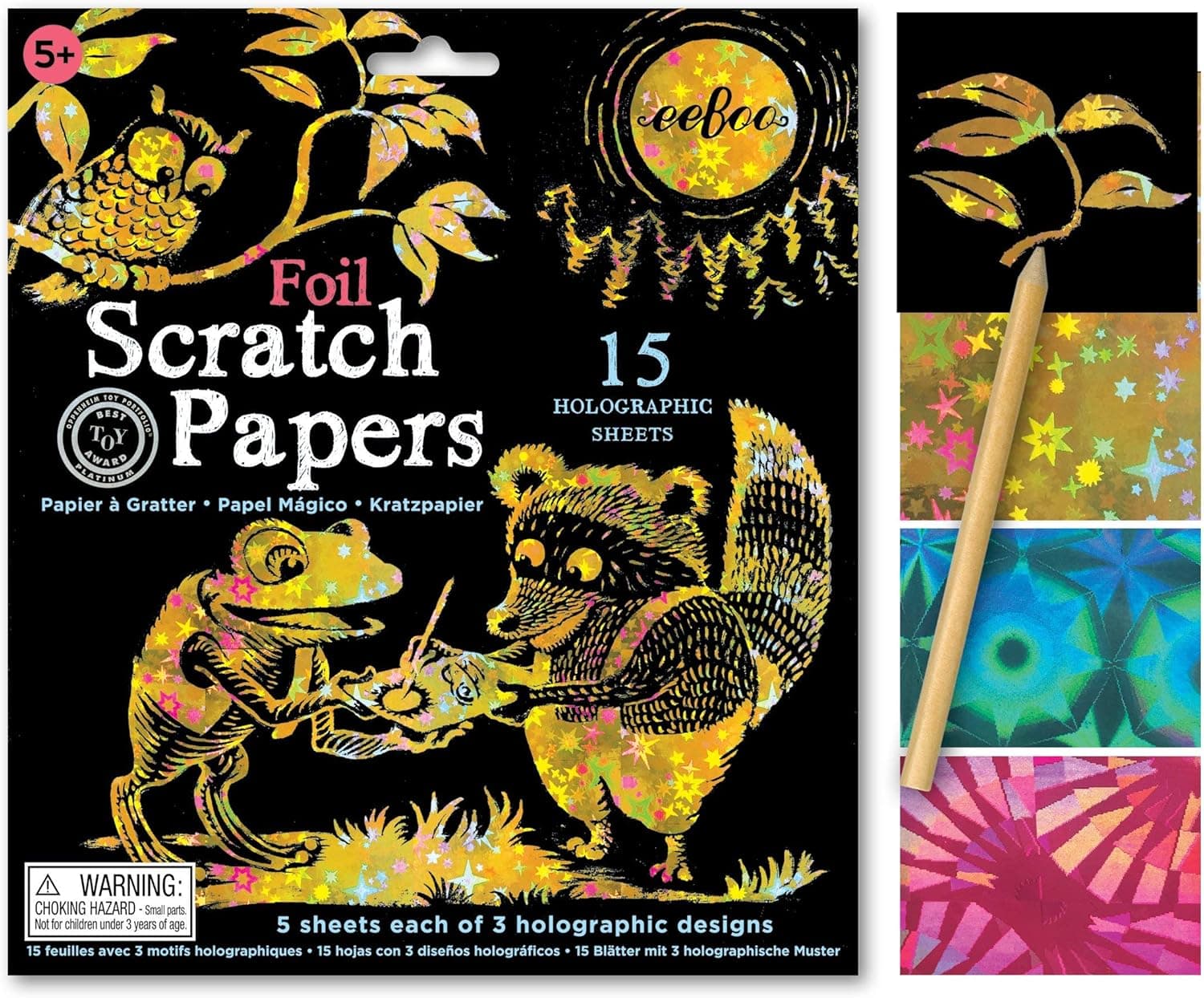 eeBoo: Holographic Foil Scratch Papers/3 styles, Scratch to Reveal Colors and Patterns, Includes 20 Sheets and a Bamboo Stick, Perfect for Ages 5 and up