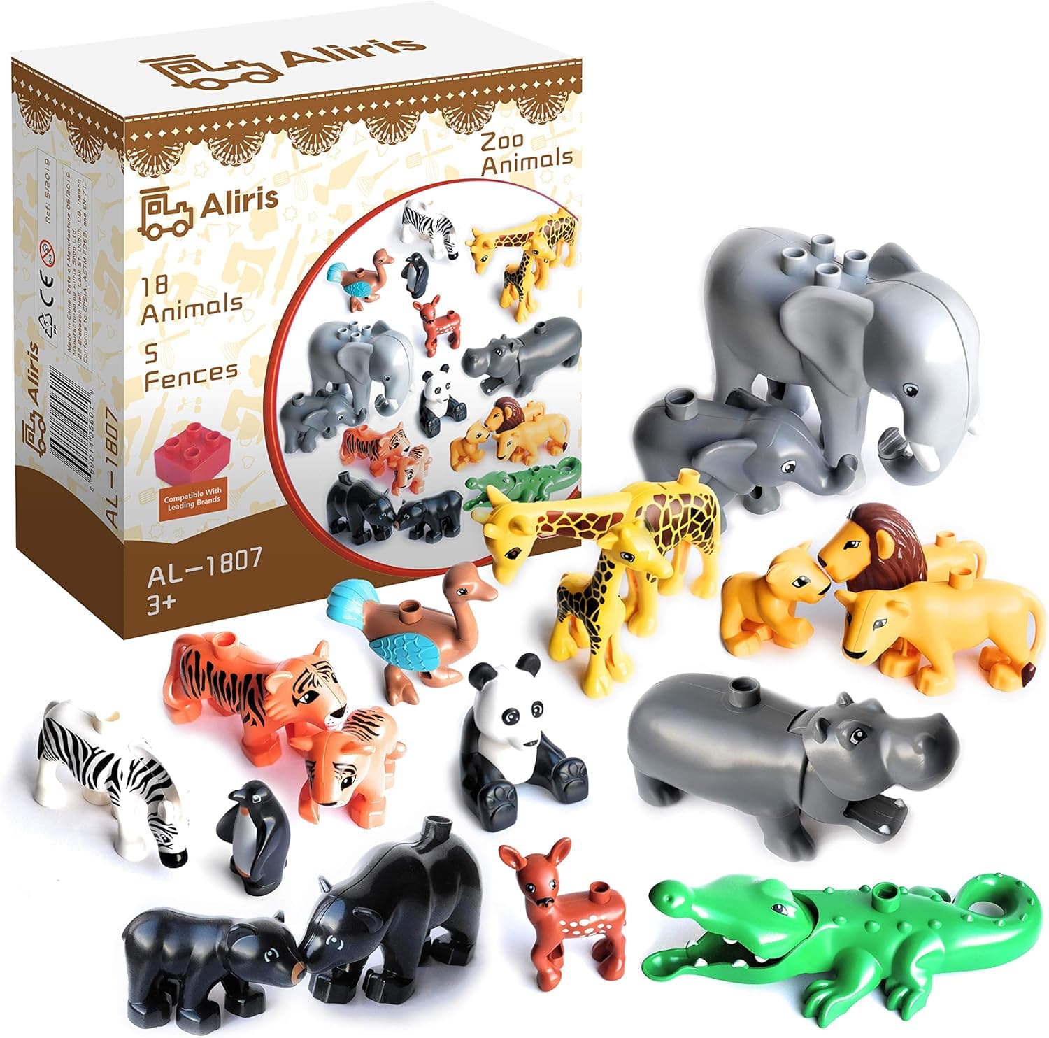 Aliris 18 Zoo Animals and 5 Fences Set for Toddler - Compatible with Leading Brand Building Blocks