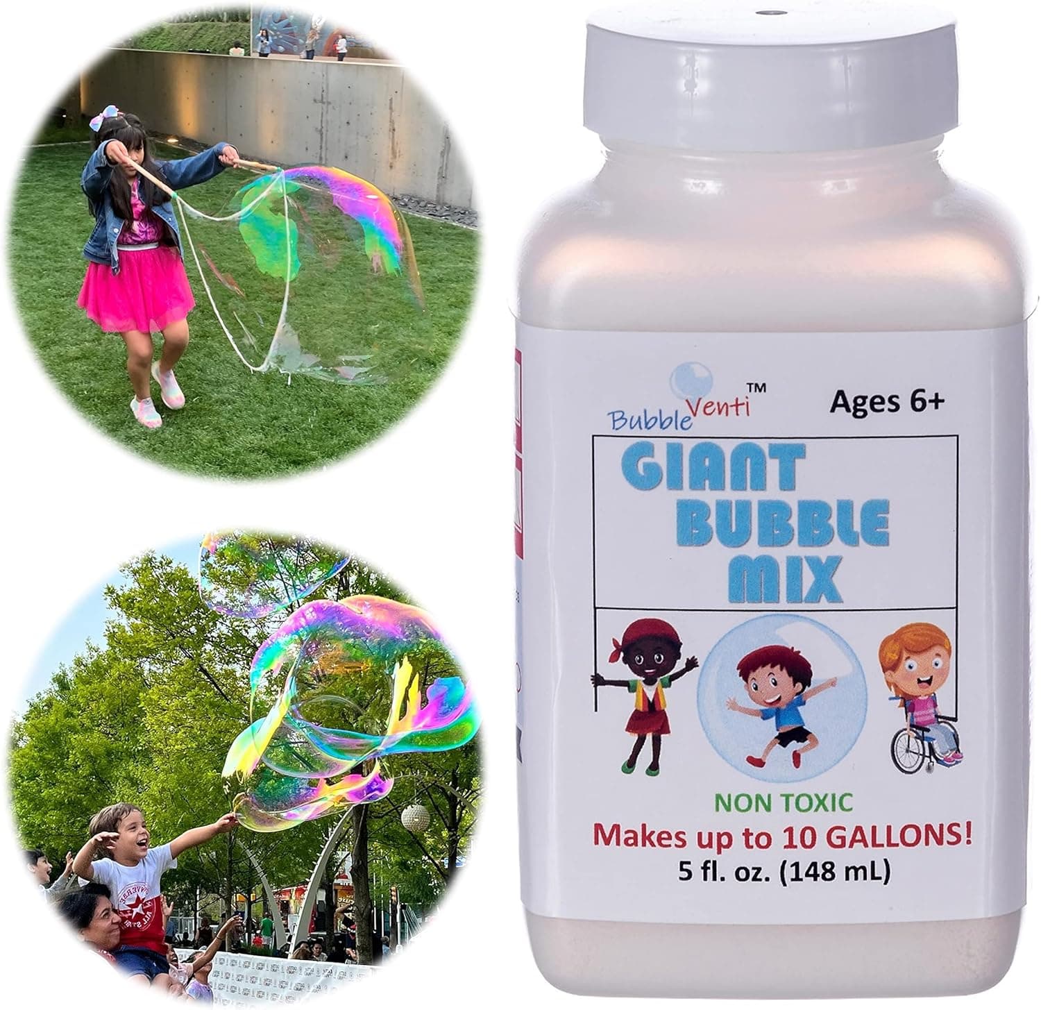 Bubbleventi Giant Bubble Mix | Made in USA |100% Vegan Non-Toxic Powder Makes 10 Gallons of Premium, Big Bubble Solution for kids’ STEM fun | Use in Bubble Wands + Machines