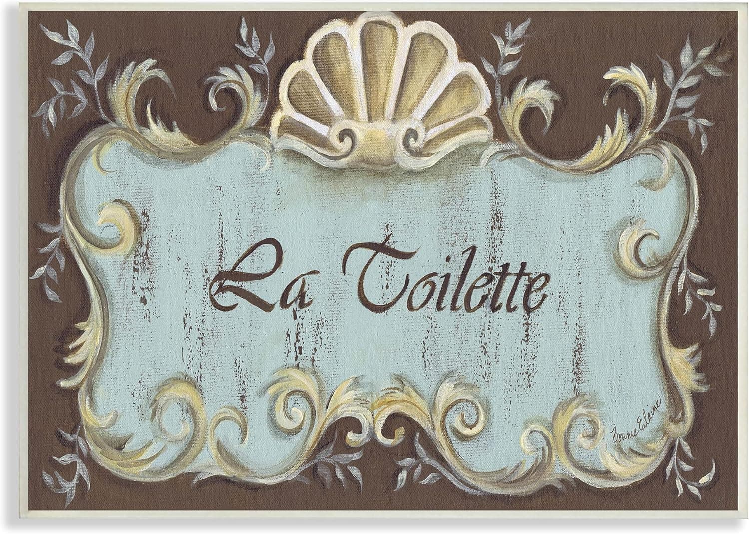 Stupell Home Décor La Toilette Aqua And Brown Scallop Shell Crest Bathroom Wall Plaque, 10 x 0.5 x 15, Proudly Made in USA