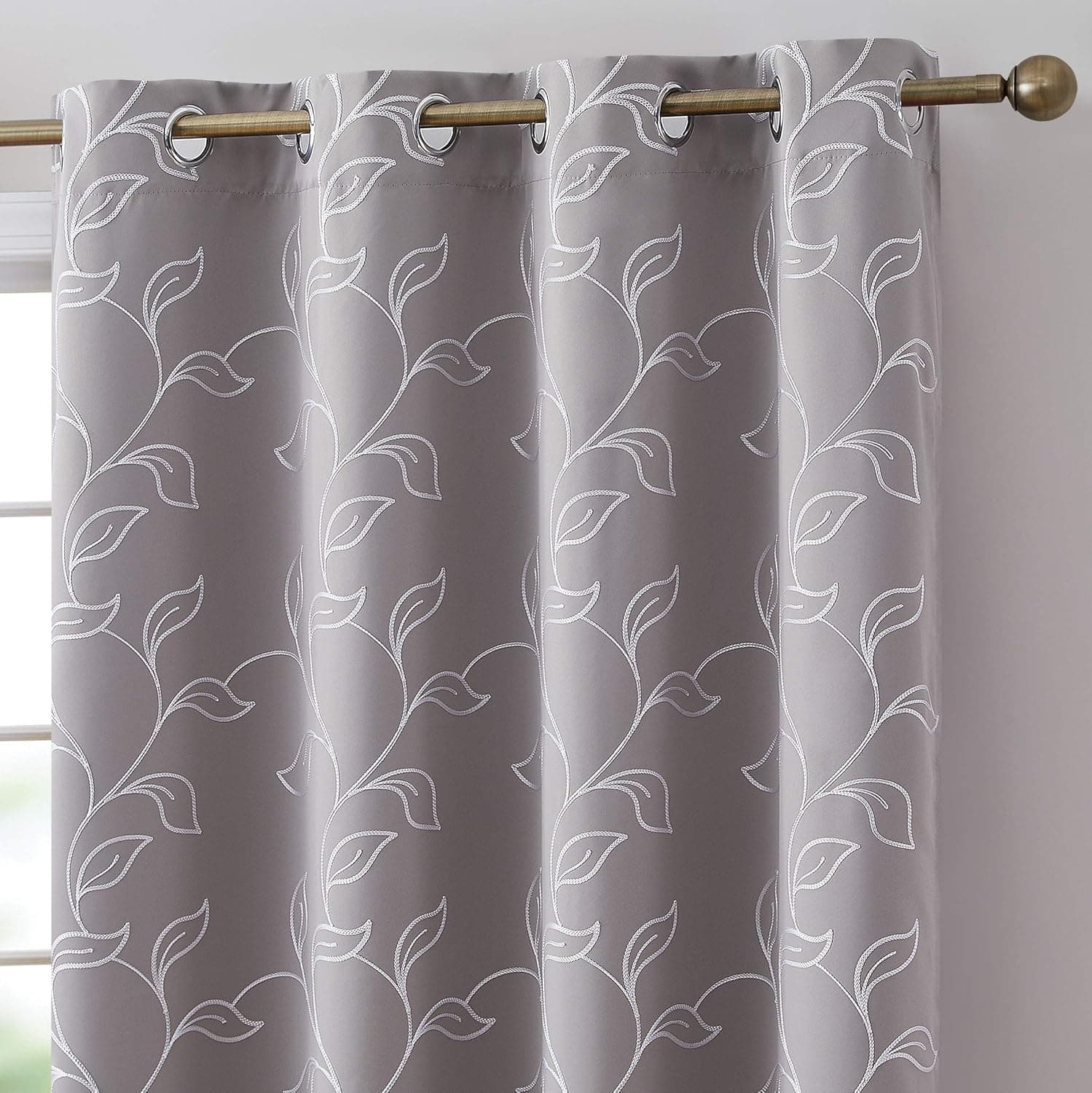 HLC.ME Carol Floral Decorative Embroidered Pattern Thermal Insulated Blackout Room Darkening Energy Savings Soundproof Window Curtain Grommet Panels Bedroom, Set of 2 (52 W x 63 L Long, Light Grey)
