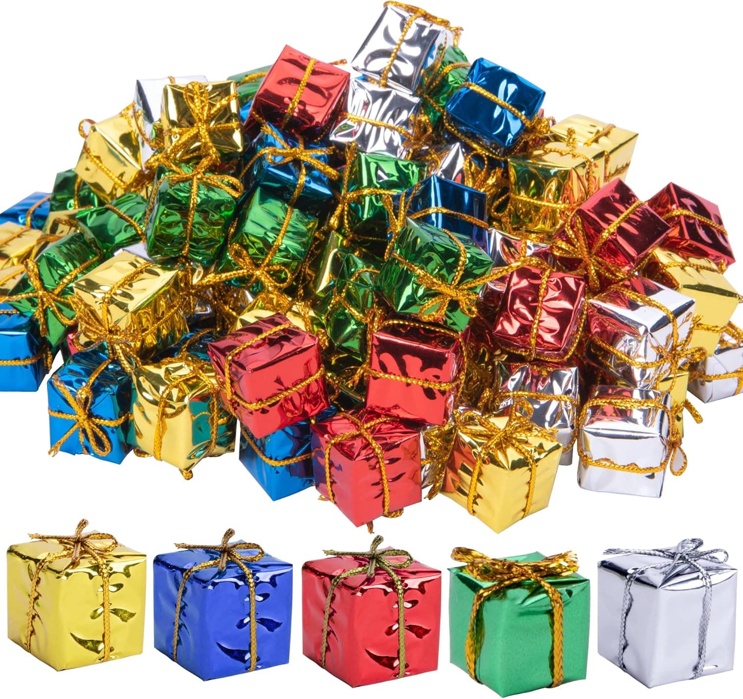 150 PCS Christmas Shiny Mini Boxes Ornaments-Assorted Colors Metallic Foil Wrapped Ornaments Decoration Boxes for Christmas Tree Hanging Decorations(150PCS)