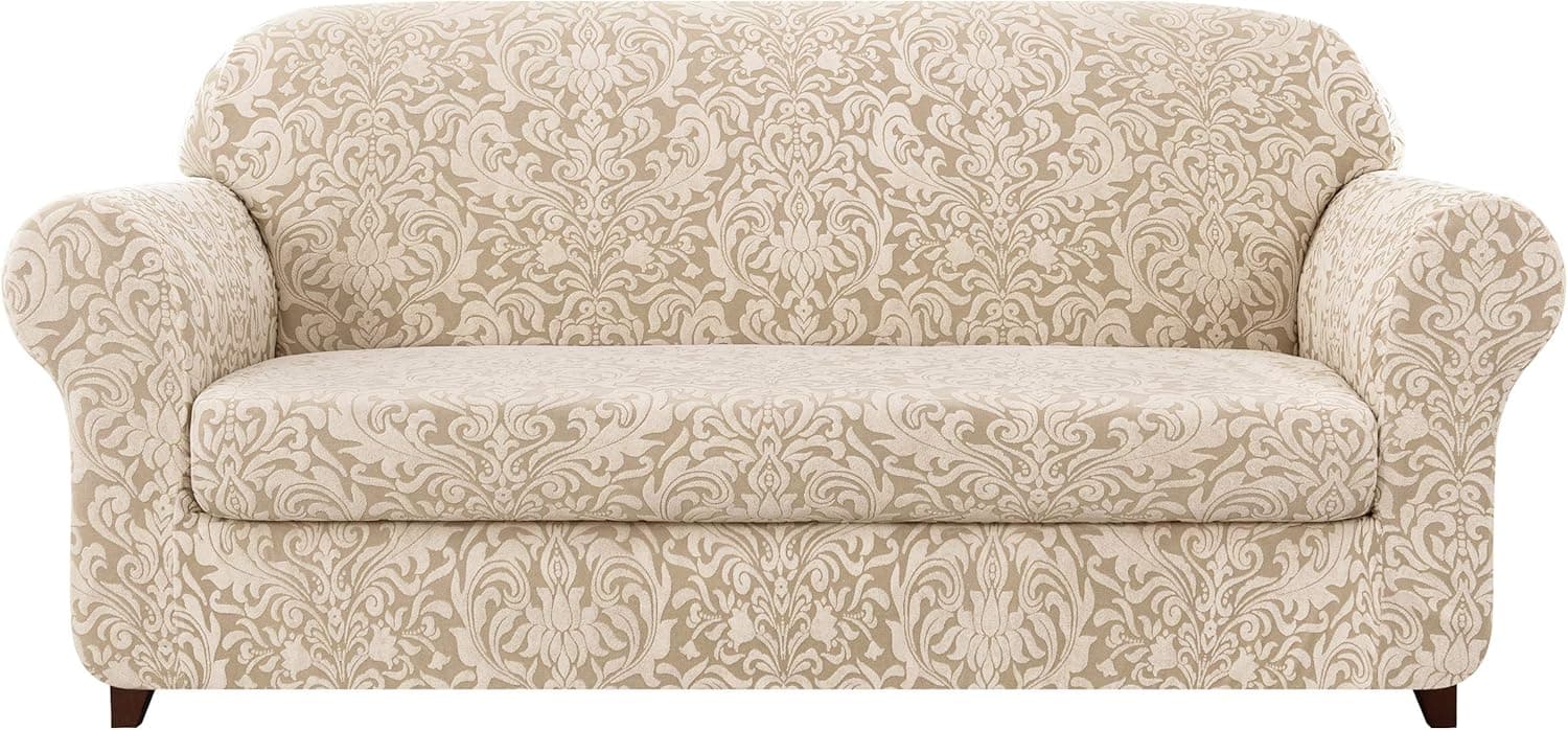 subrtex Sofa Slipcover 2-Piece Jacquard Damask Couch Cover with Seat Cushion Stretch Furniture Protector for Armchair in Living Room for Kids, Pets (X-Large,Linen)
