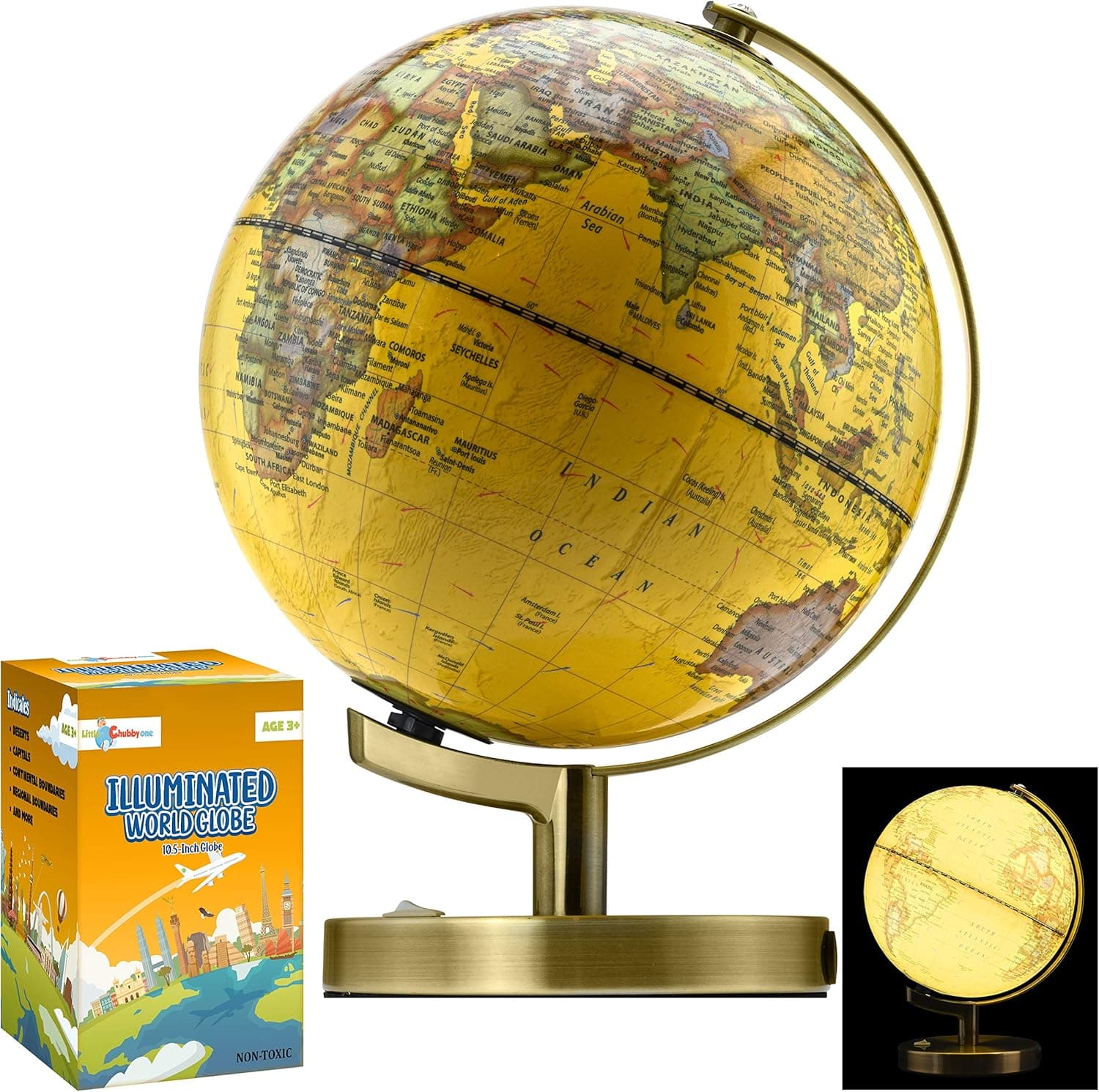 Little Chubby One 10.5 Inch (6 Inch Dia) Illuminated LED World Globe for Kids & Adults - STEM - Colorful Informative Easy to Read Light Up Globe Lamp with Stand for Learning Education and Night Light
