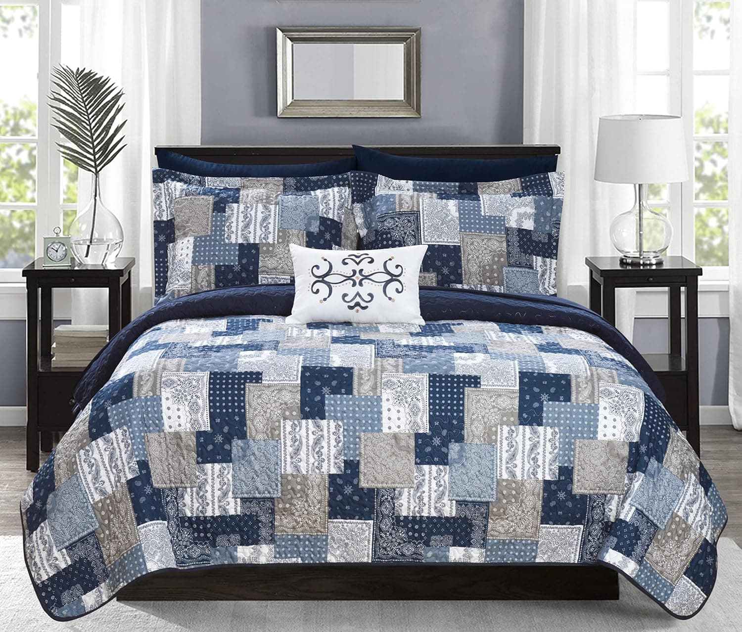Chic Home BQS11374-AN Eliana 4 Piece Reversible Coverlet Set Embossed Patchwork Bohemian Paisley Print Quilted Design Bedding-Decorative Pillow Shams Included, King, Blue