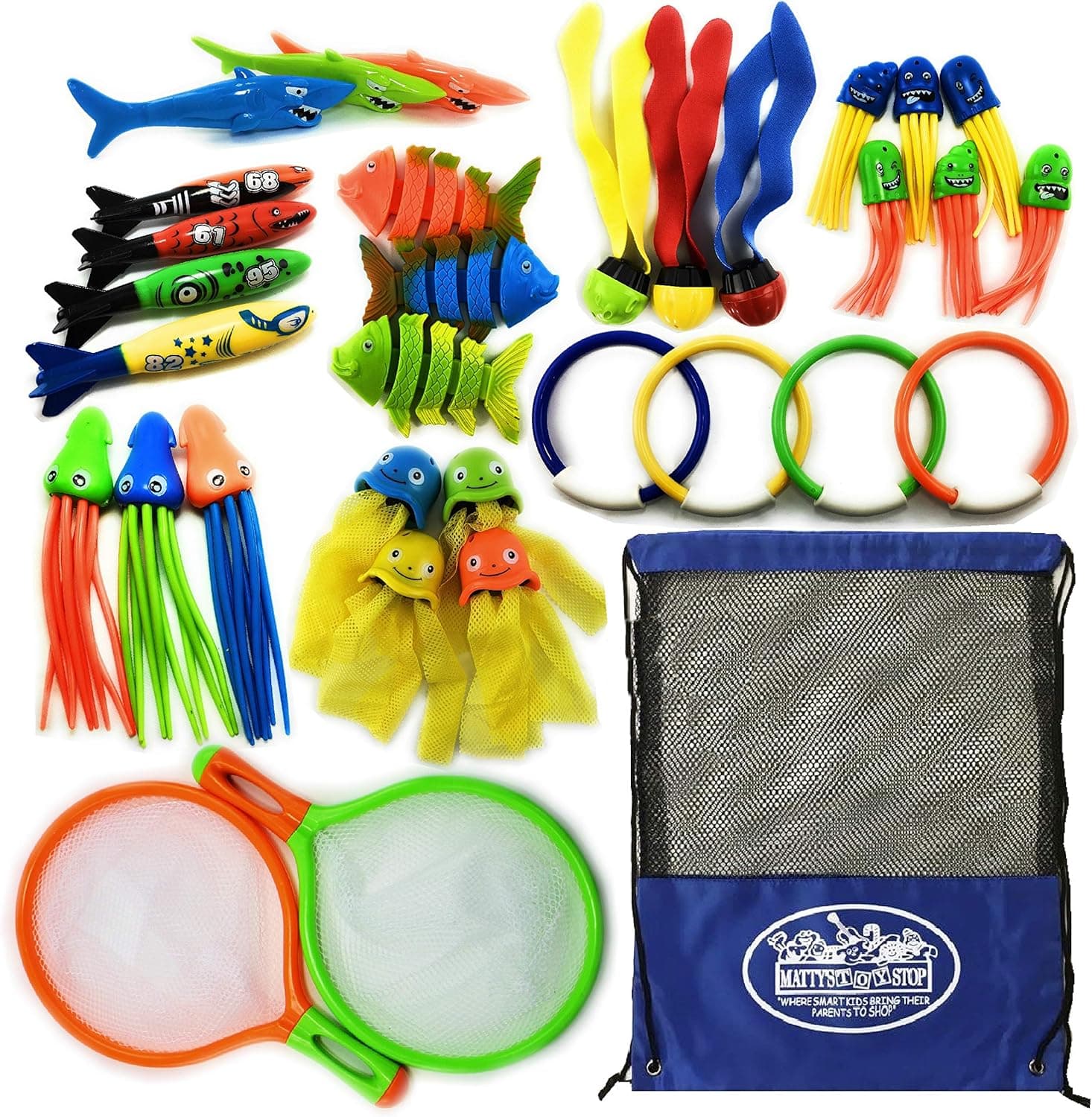 Matty's Toy Stop 32 Piece Ultimate Dive Set for Diving/Swimming Pools Featuring Dive Rings, Balls, Fish, Torpedo, Shark, Octopus, Jellyfish, Fishing Nets & Bonus Storage Bag