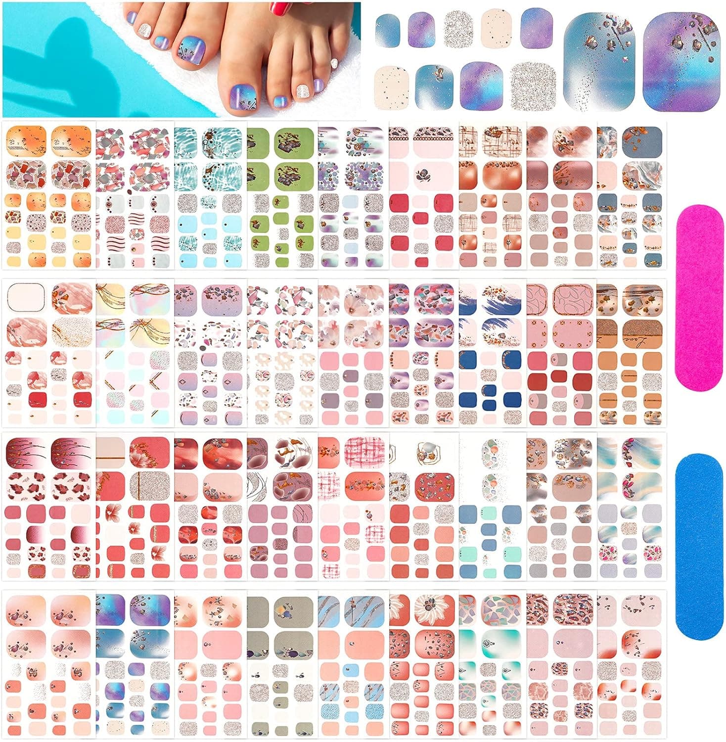792 Pieces 36 Sheets Nail Wraps with 2 Pieces Nail Files, Full Toenail Stickers for Women Girls Self-Adhesive Bling Polish Strips Chic Color Art Designs DIY Decor for Kids (Attractive Style)