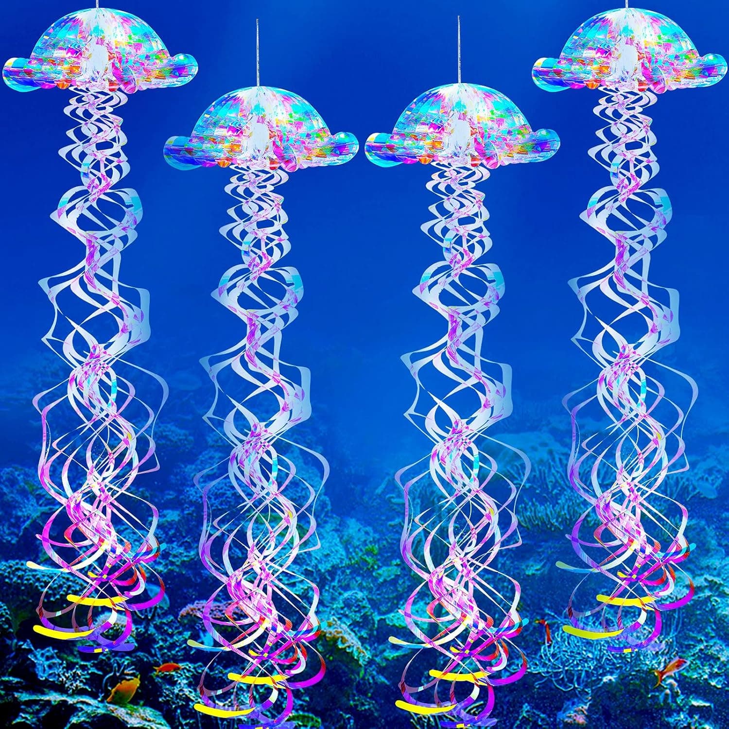 4 Pieces Glitter Iridescent Jellyfish Under The Sea Mermaid Party Decorations Hanging Jelly Fish Decor Ocean Theme Blue Birthday Wedding Baby Shower Party Supplies