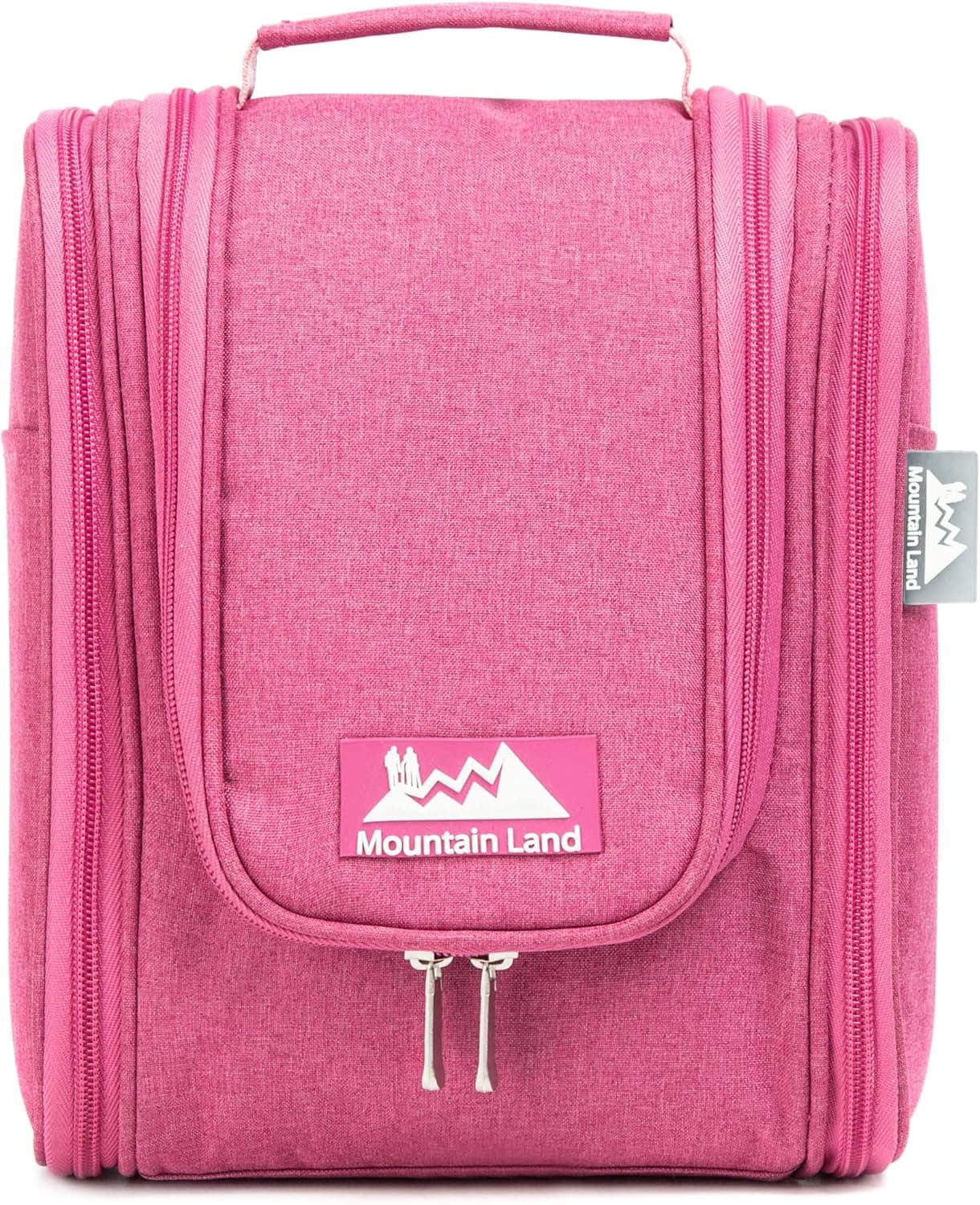 Mountain Land Hanging Travel Toiletry Bag-Recycled RPET Fabric for Women and Men, Hygiene Bag, Bathroom and Shower Organizer Kit with Elastic Band Holders for Toiletries Cosmetics Makeup Brushes Pink