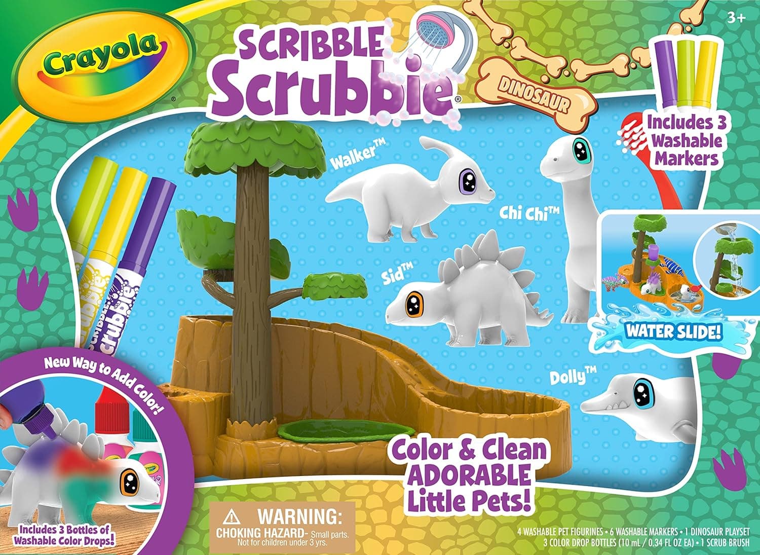 Crayola Scribble Scrubbie Pets Dinosaur Waterslide, Dinosaur Toys, Includes 3 Washable Markers, Gifts for Kids, Ages 3+