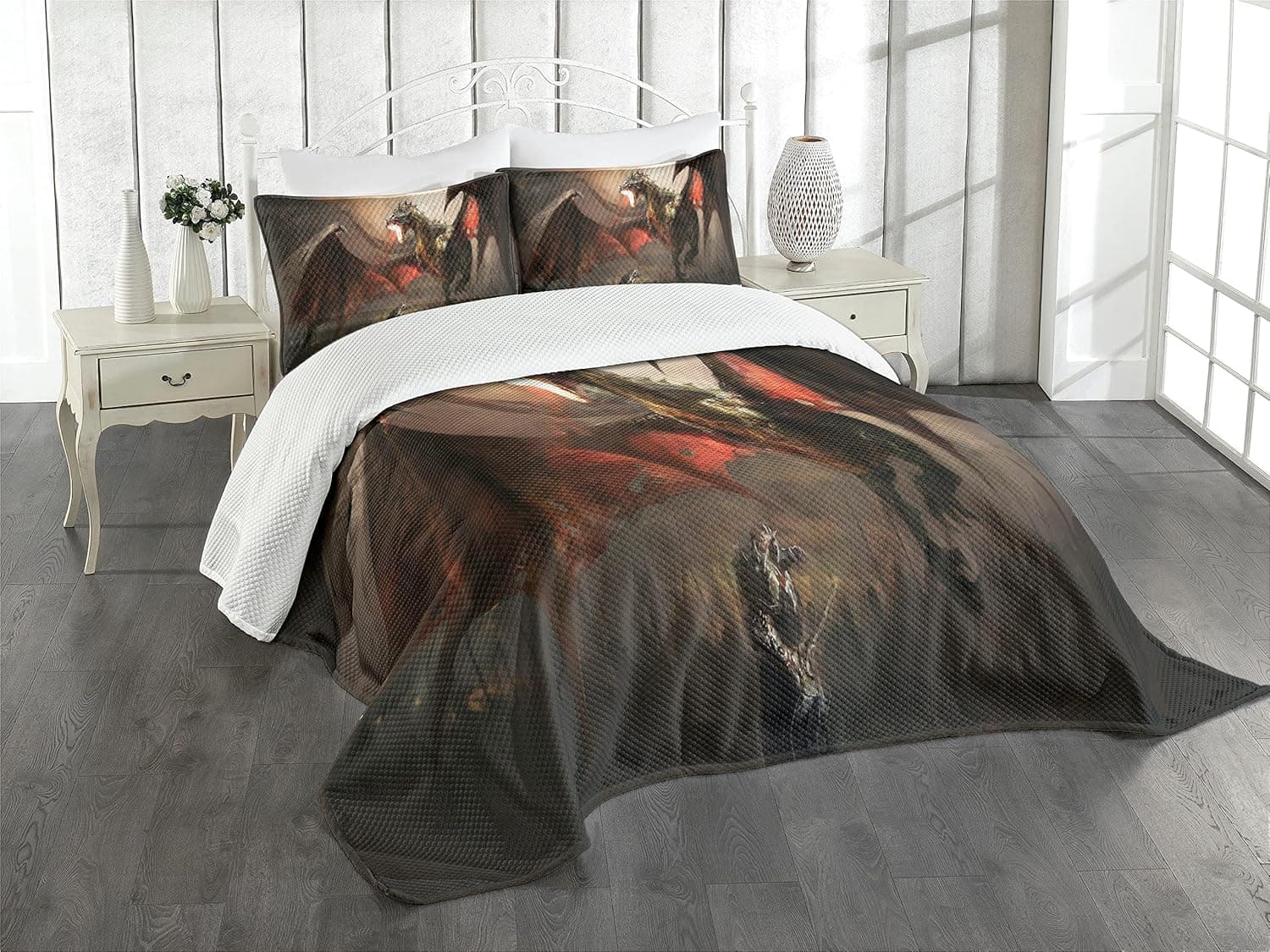 Lunarable Dragon Bedspread, Medieval Knight Against Fearful Dragon Spits Fire Fiction Monster Fantasy Themed, Decorative Quilted 3 Piece Coverlet Set with 2 Pillow Shams, King Size, Orange Brown