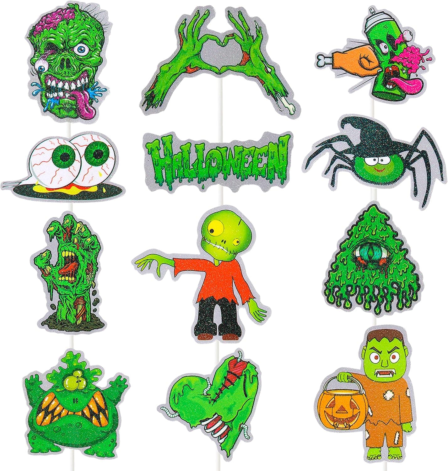 Halloween Zombie Theme Party Decoration, Happy Halloween Glitter Cupcake Toppers for Kids Birthday Party Trick-or-Treat Favor Supplies SET of 24
